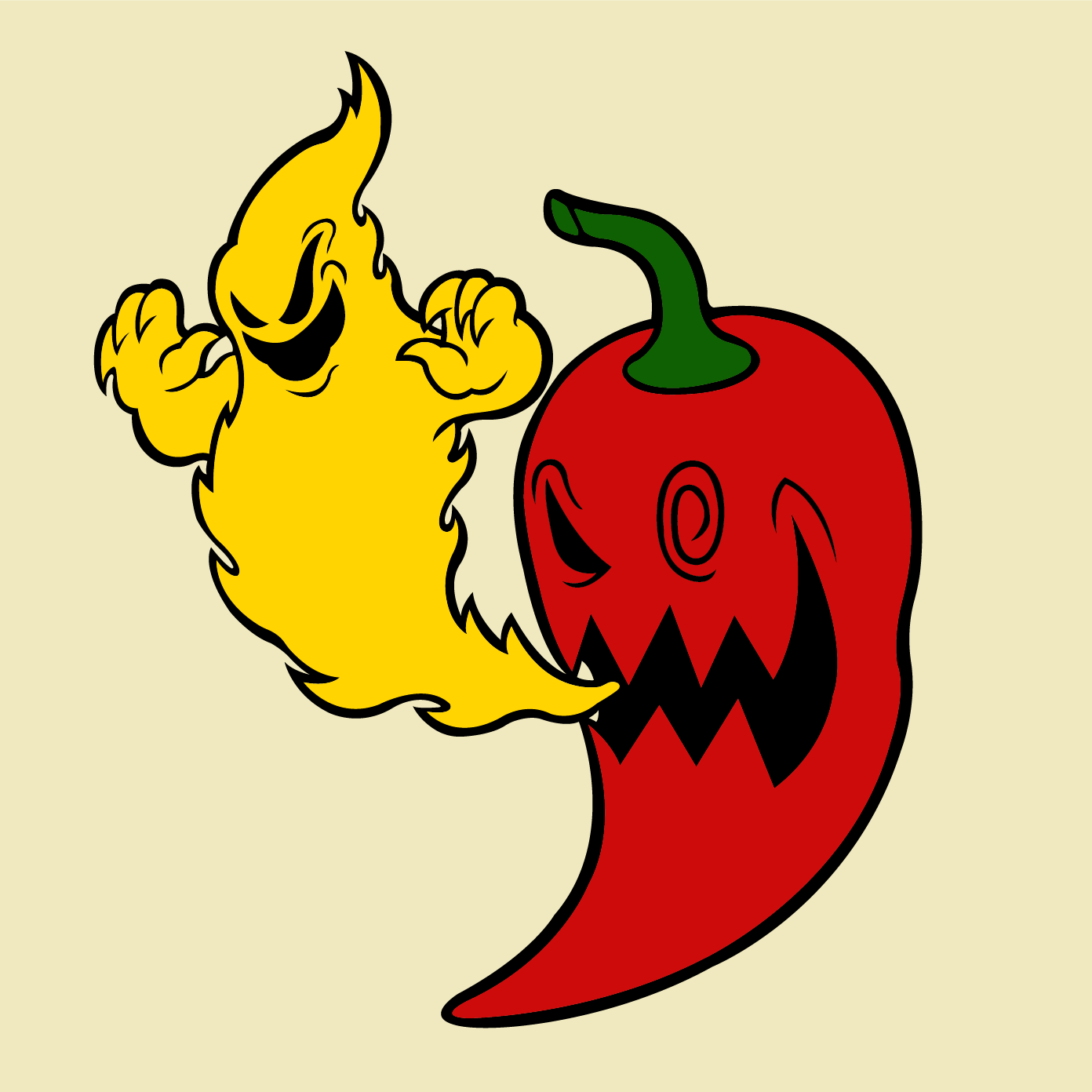 A pepper breathing fire shaped like a ghost.
