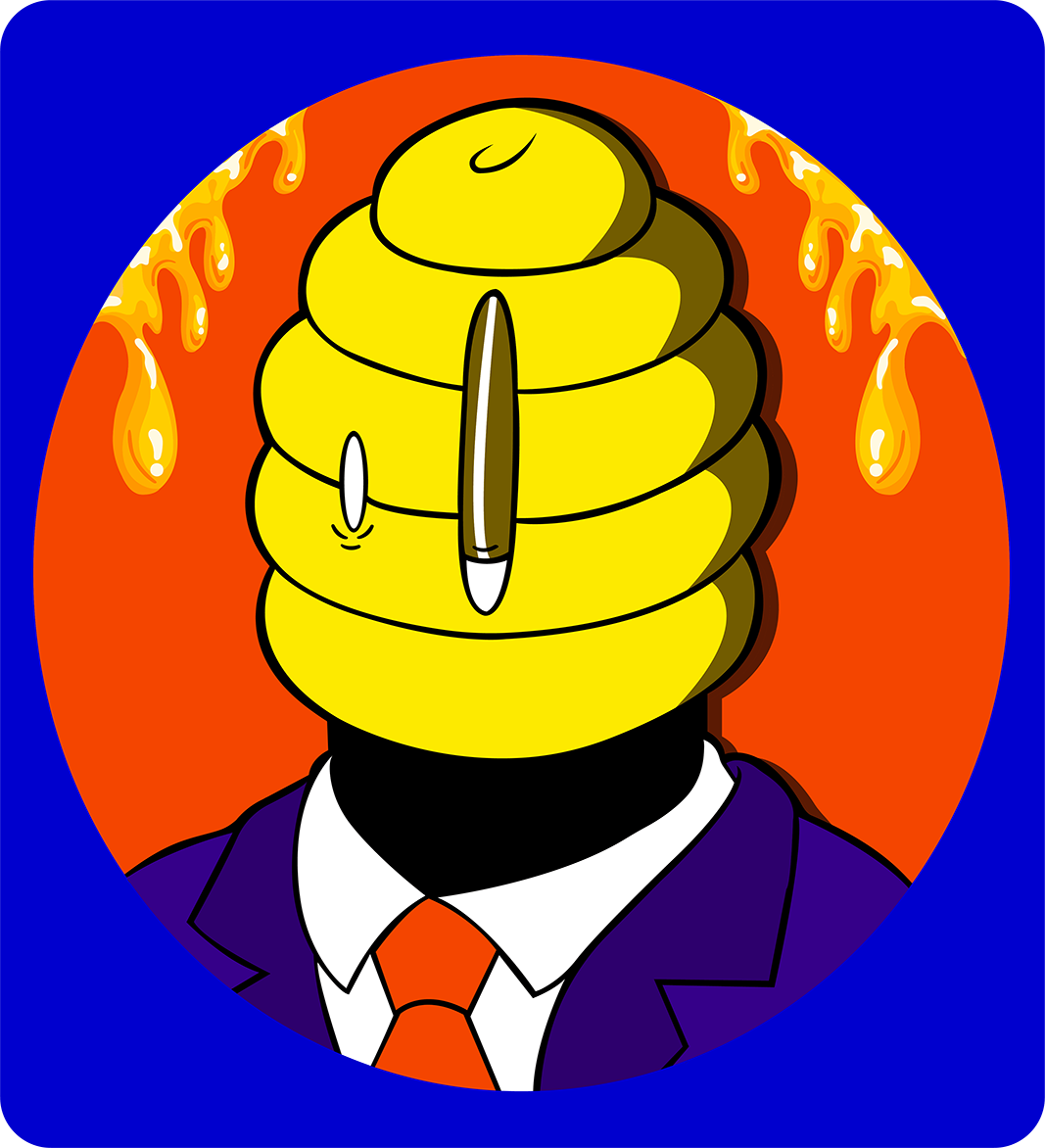 Portrait of the site owner wearing a purple suit with a beehive on their head, standing in front of an orange background with dripping honey, all framed within a blue square.