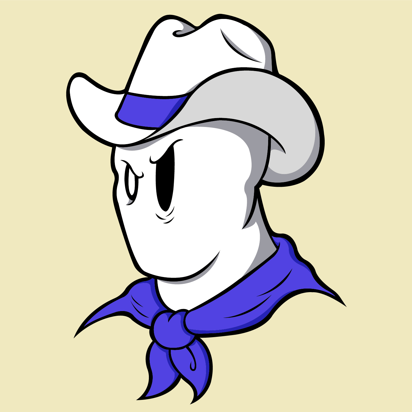Cowboy wearing a blue hat and scarf, with one messed-up eye.