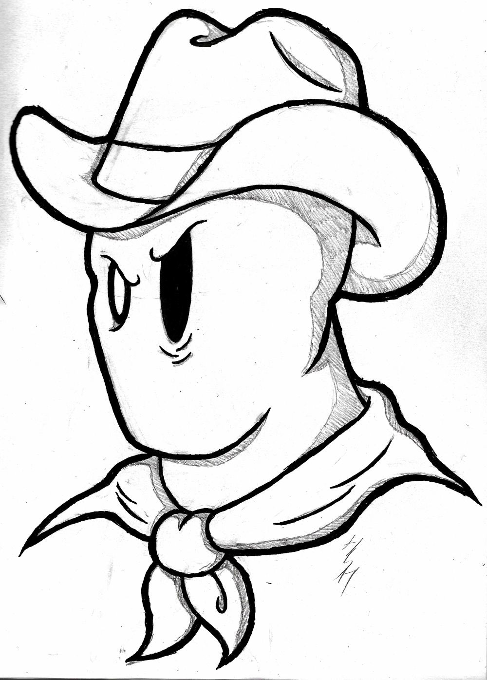Pencil drawing of a cowboy wearing a blue hat and scarf, with one messed-up eye.