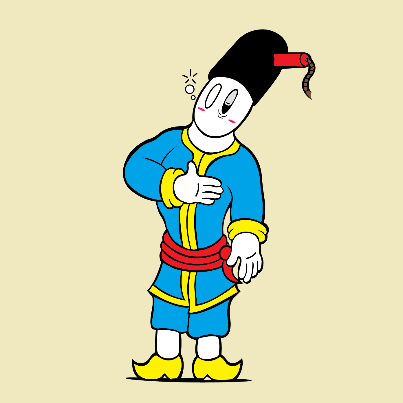 Drunk Slavic man in traditional Cossack attire with a stick of TNT in his hat.