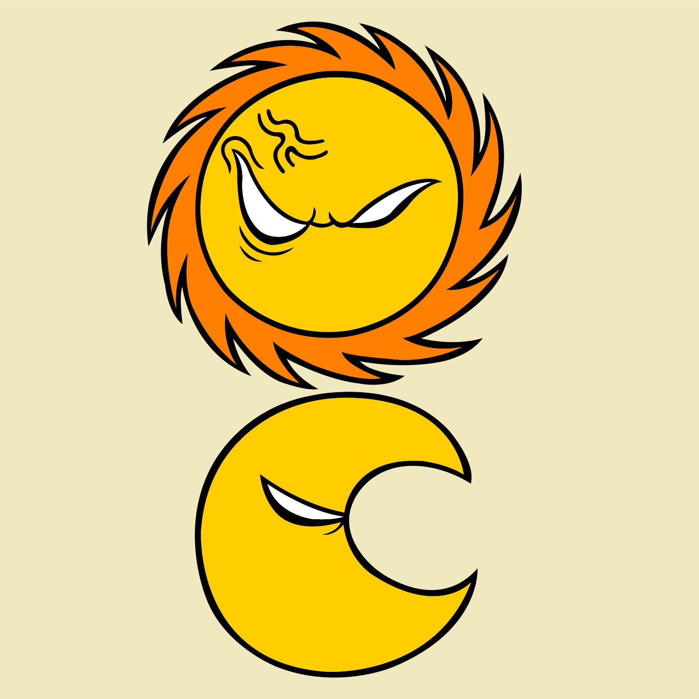 A pissed-off sun above a slightly angry moon.