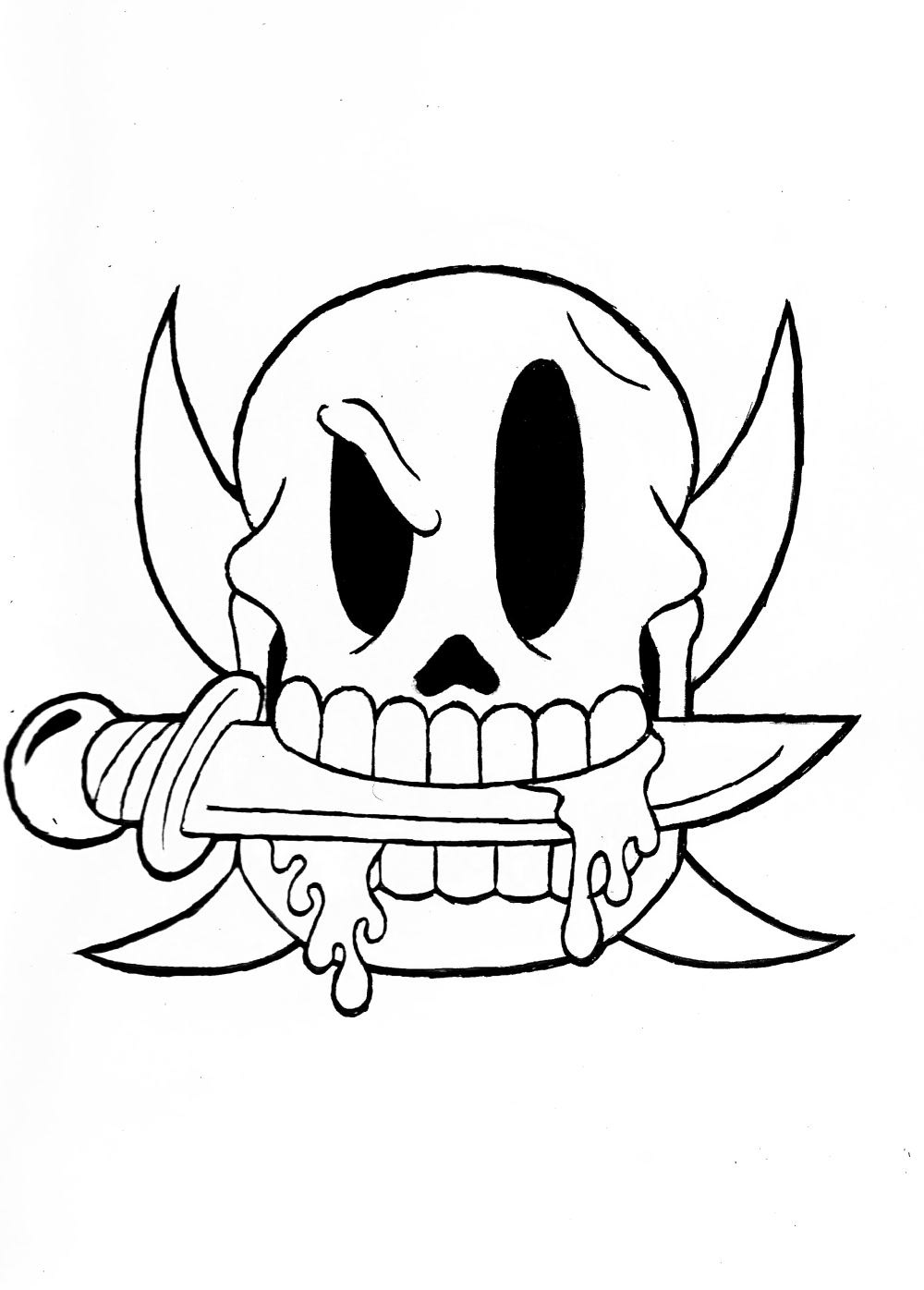 Pencil drawing of a skull biting a knife with drool dripping from its mouth.