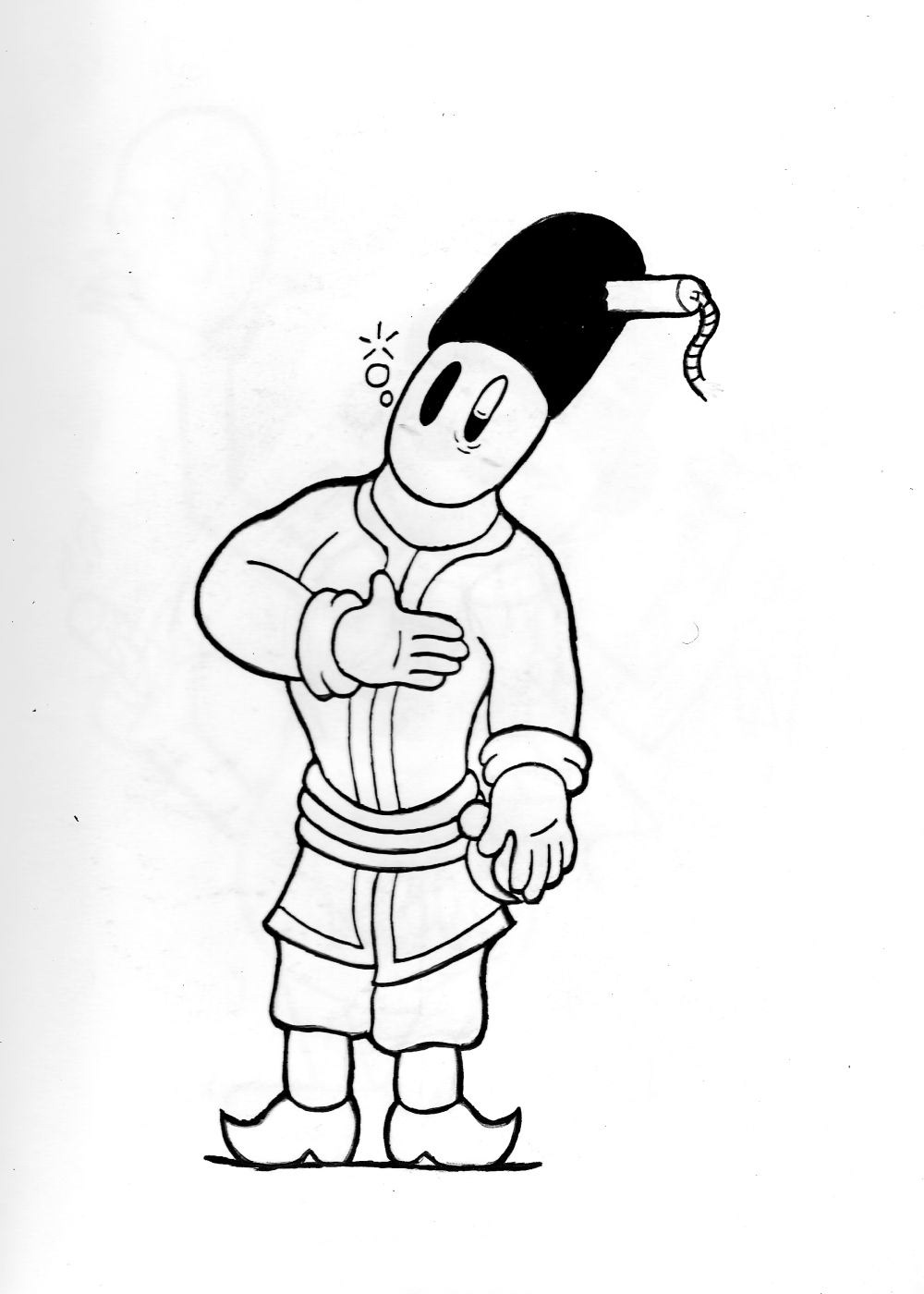 Pencil drawing of a drunk Slavic man in traditional Cossack attire with a stick of TNT in his hat.