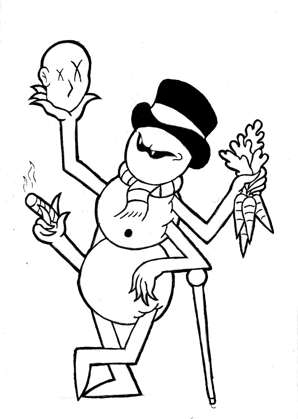Pencil drawing of a four-armed snowman smoking a cigarette with the first right hand, leaning on a cane with the first left hand, holding carrots with the second left hand, and holding a severed head with the second right hand.