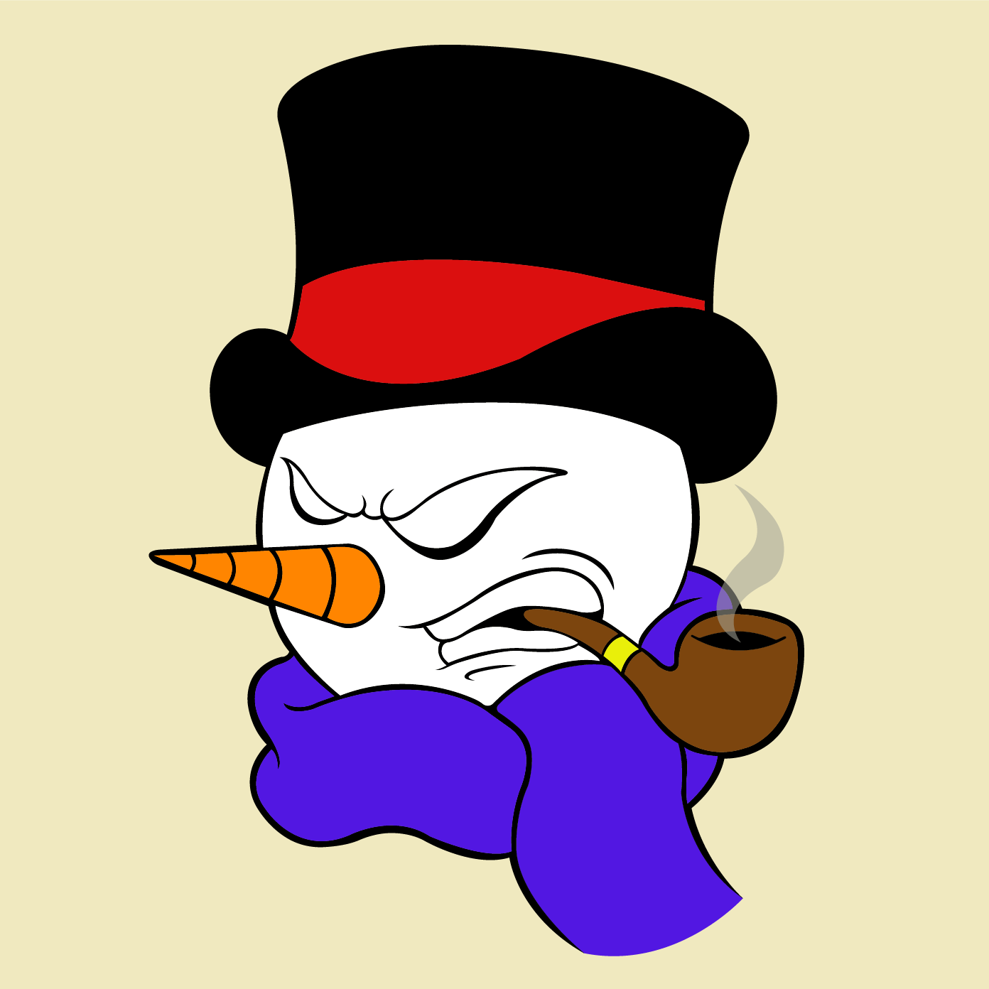 Snowman wearing a blue scarf and smoking a pipe.