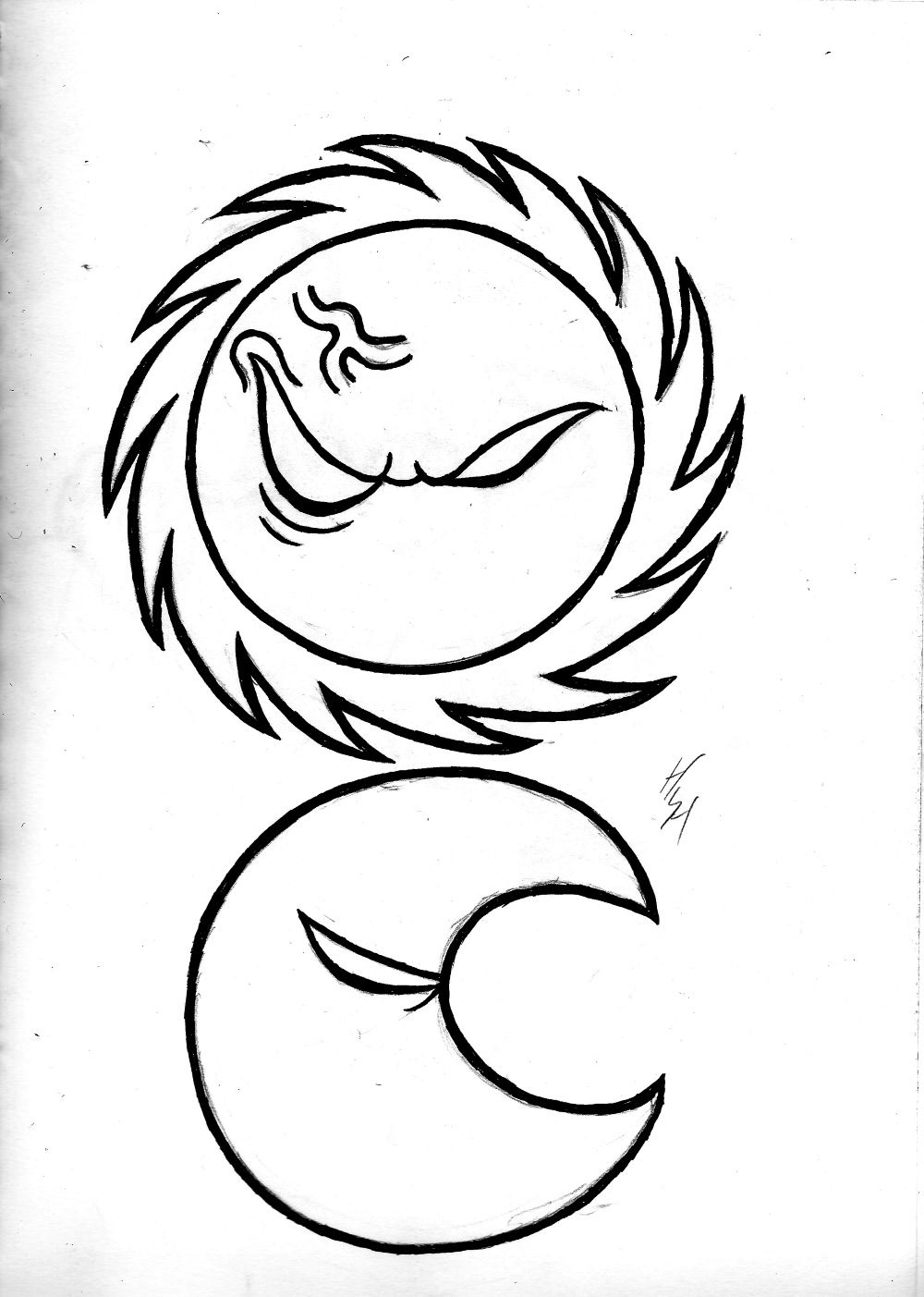 Pencil drawing of a pissed-off sun above a slightly angry moon.