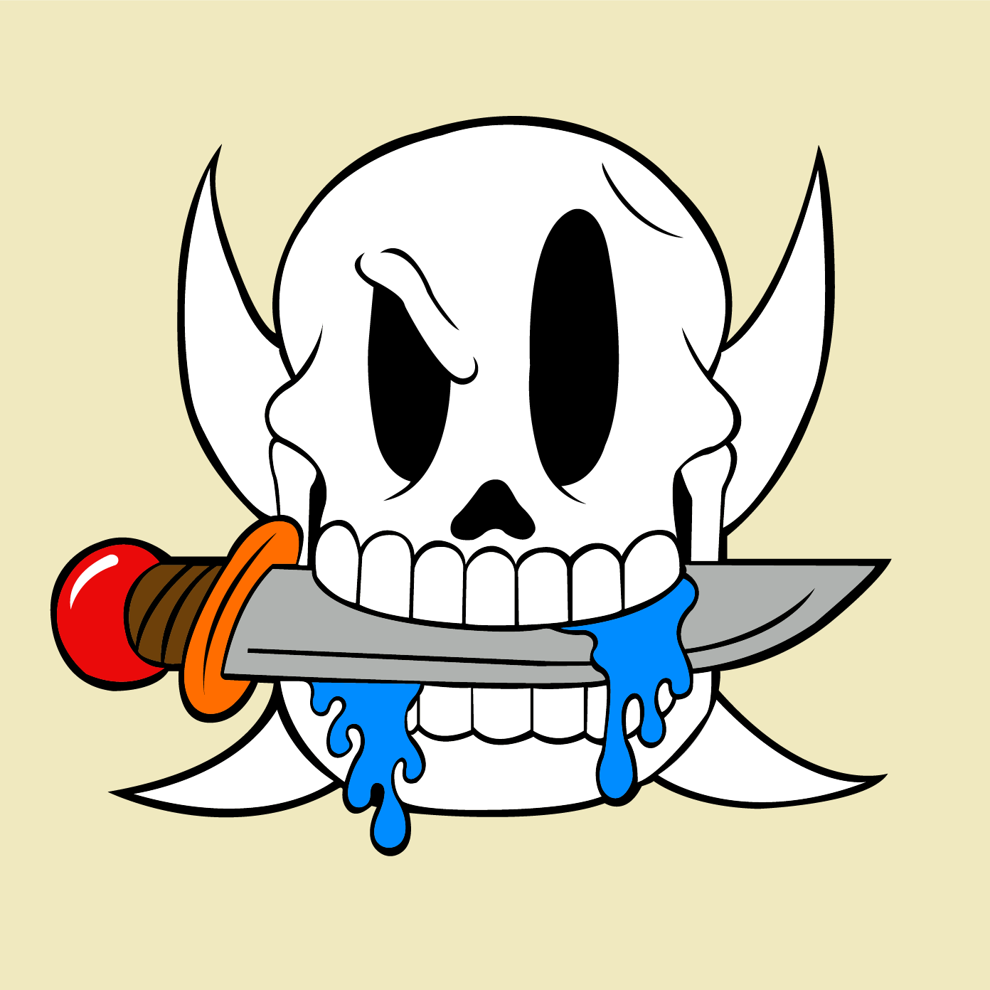 Skull biting a knife with drool dripping from its mouth.