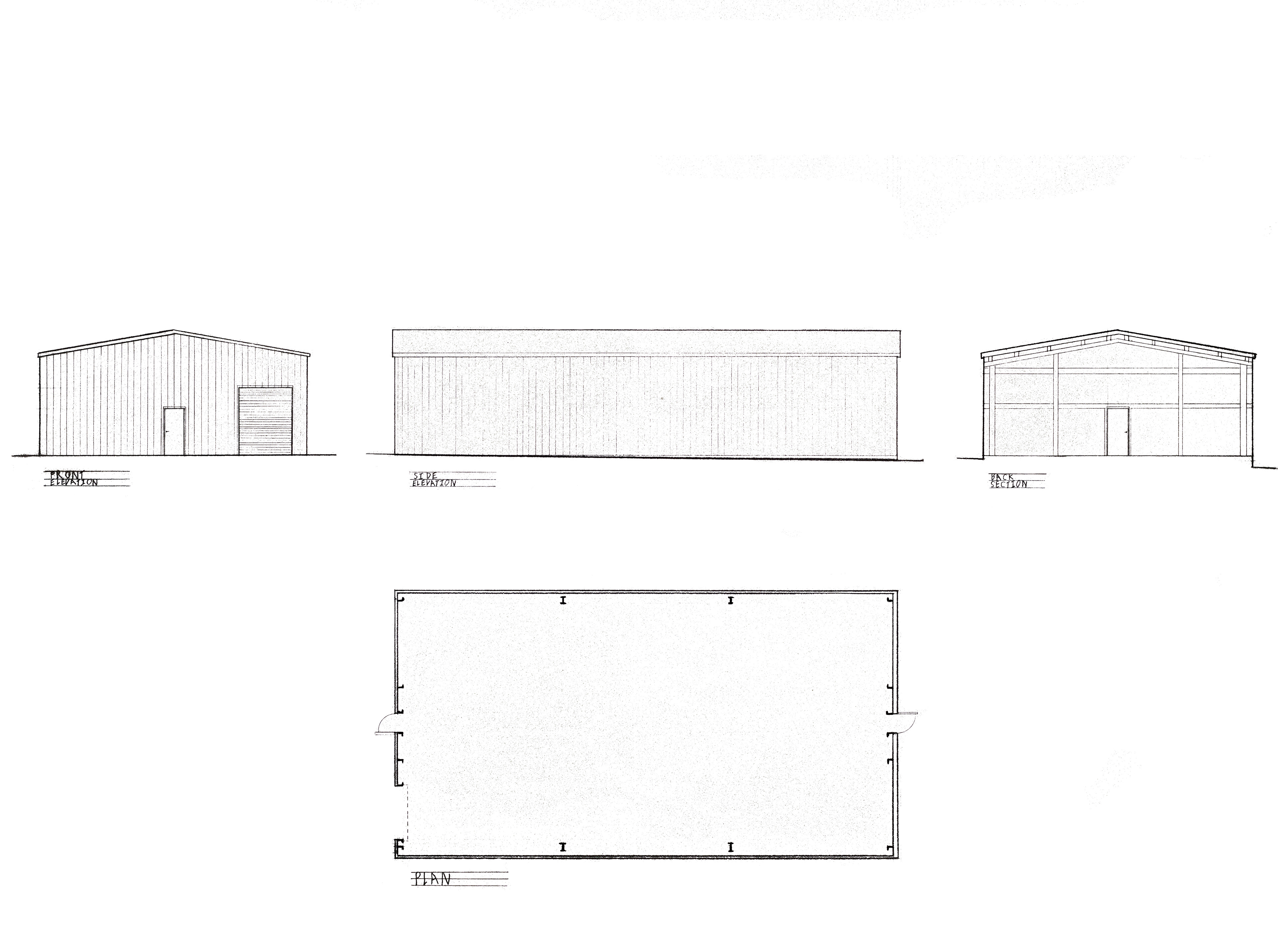 Hand-drafted plan, elevations, and section