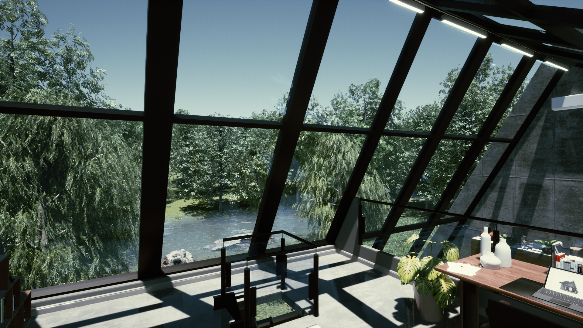 Loft with office area and looking outside over nature