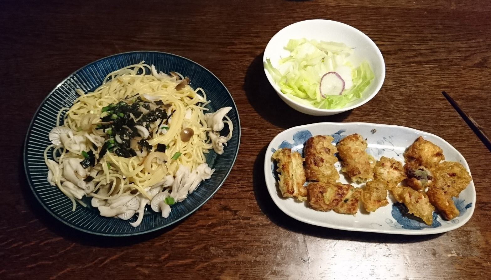 キノコ和風スパゲッティ＆ちくわ磯辺揚げ