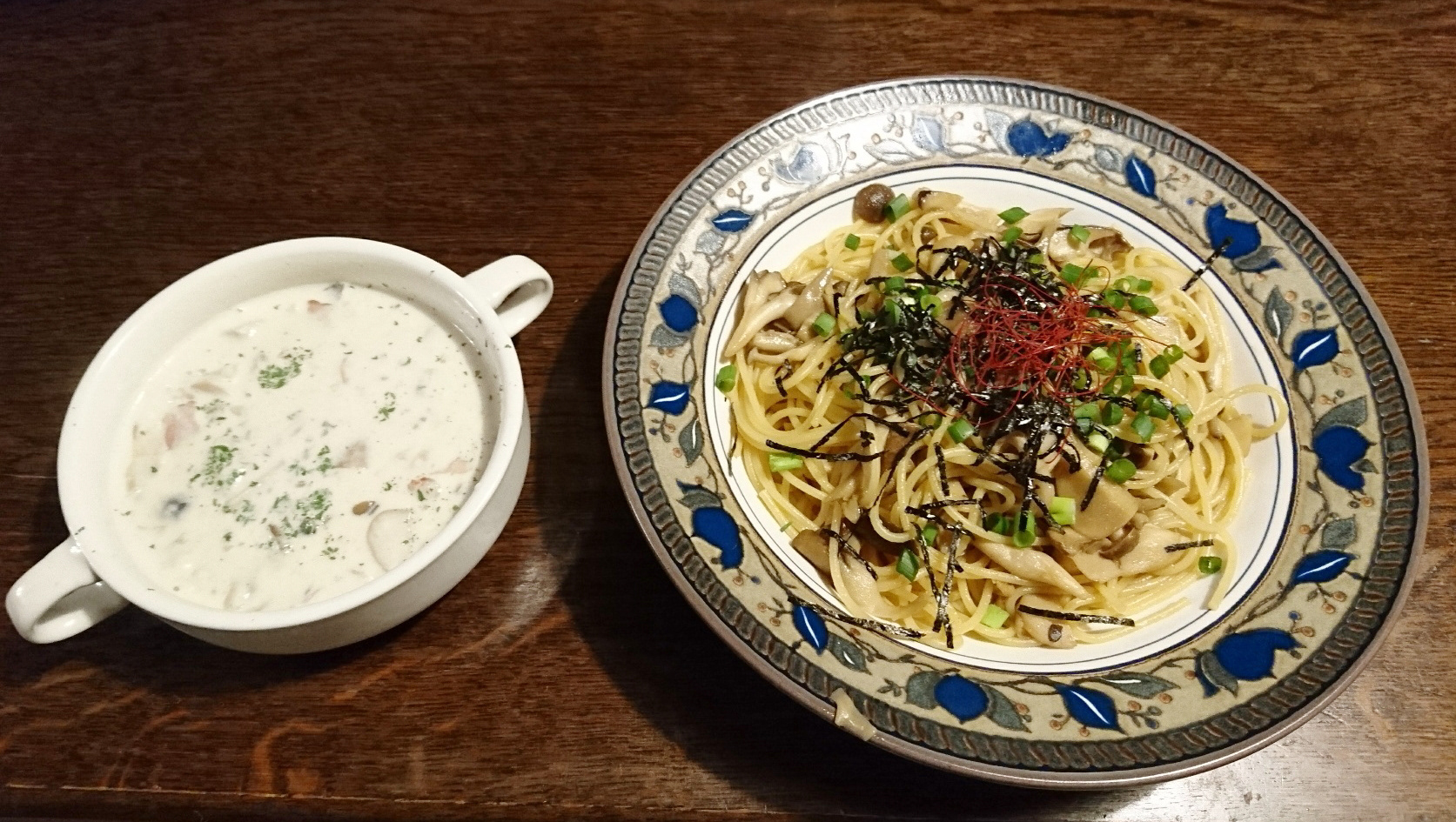 バターキノコスパゲッティ＆クラムチャウダ
