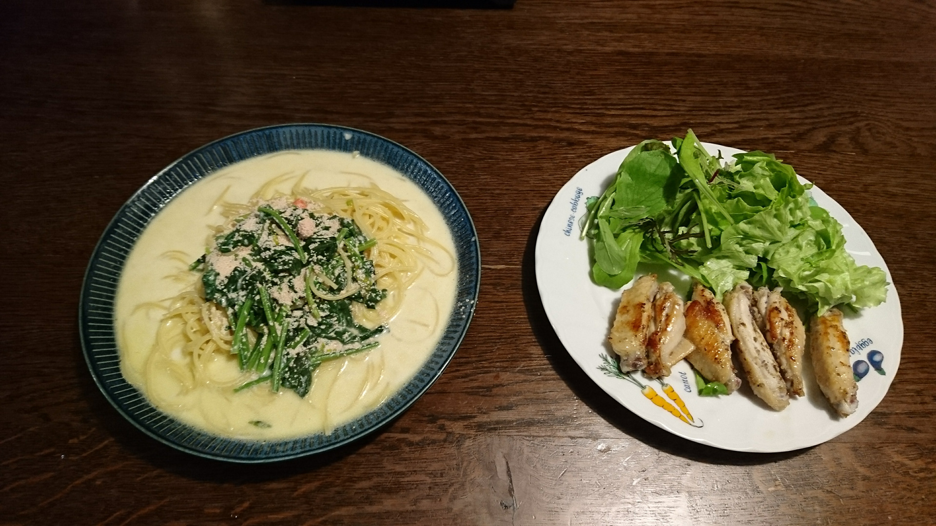 明太子ほうれん草スパゲッティ＆チキン山椒焼き