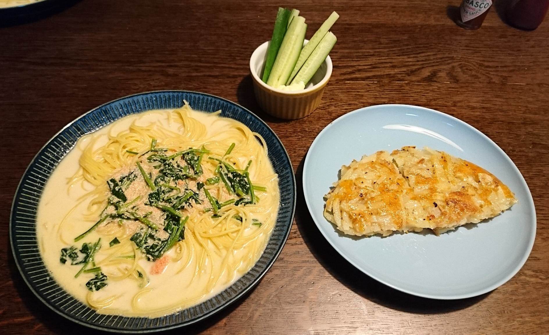 ほうれん草明太子スパゲッティ＆ツナじゃがいもガレット