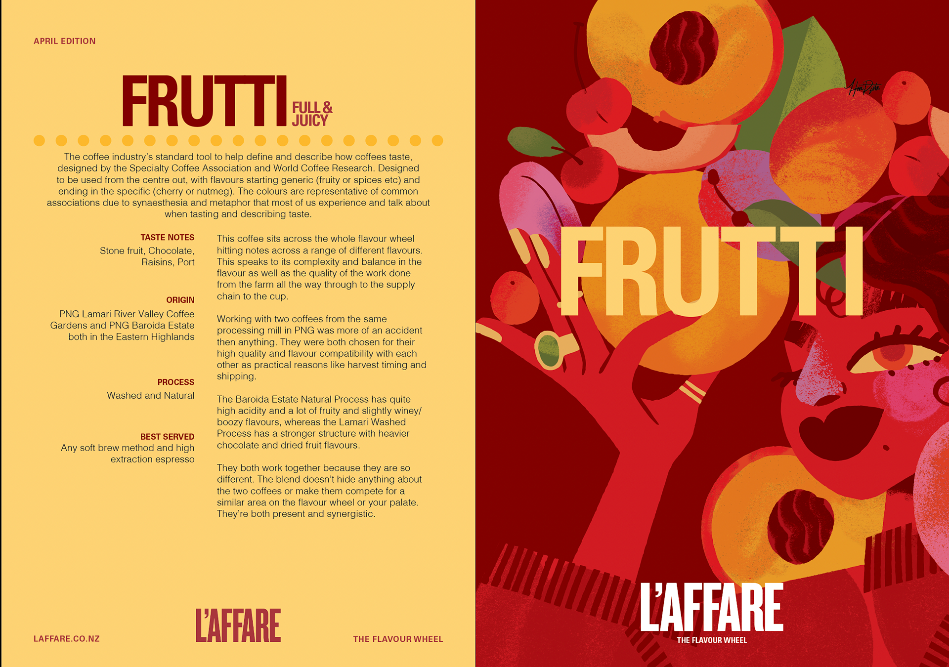 In 2024 I joined L'affare's marketing team as an intern and helped them to launch their new product 'Frutti' as part of their coffee flavour wheel, I helped to design informational poster cards, as well as many social media Promotion's, I was also in the midst of designing merch for them when my internship had come to an end. 