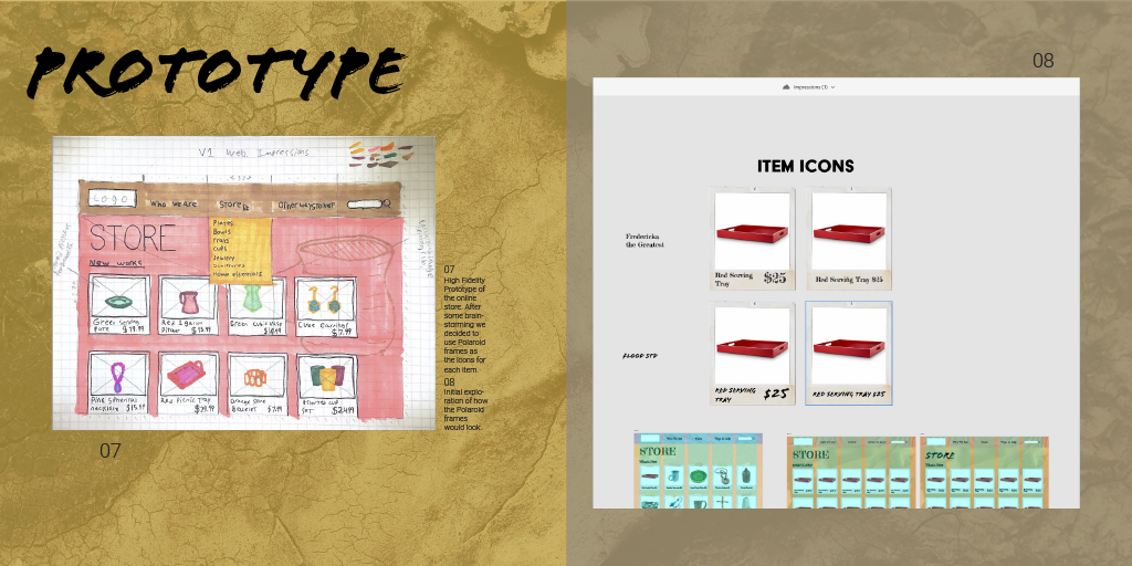 Left: High fidelity wireframe. Right: exploration of digital elements/typography