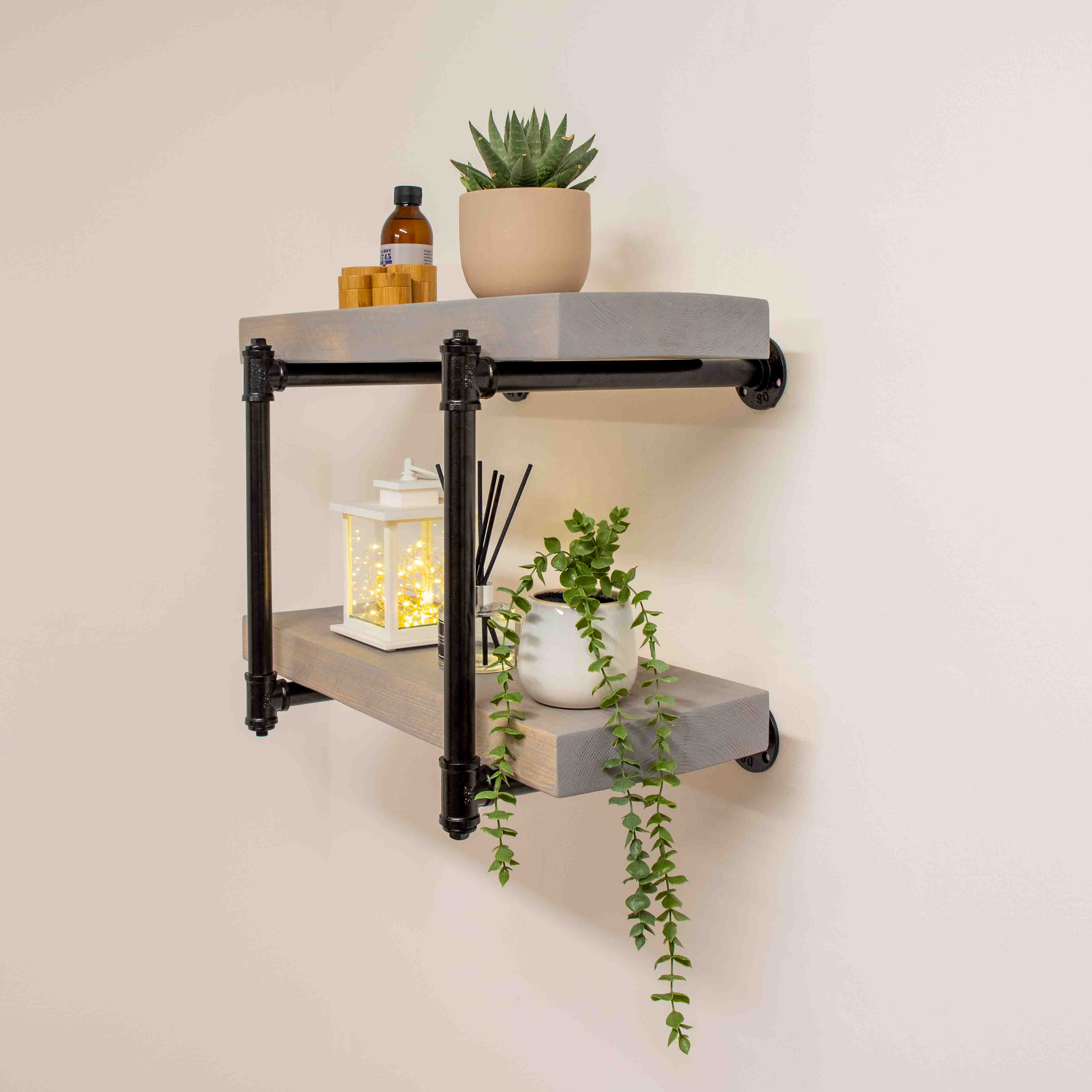 Silver grey two-tier shelving with black brackets