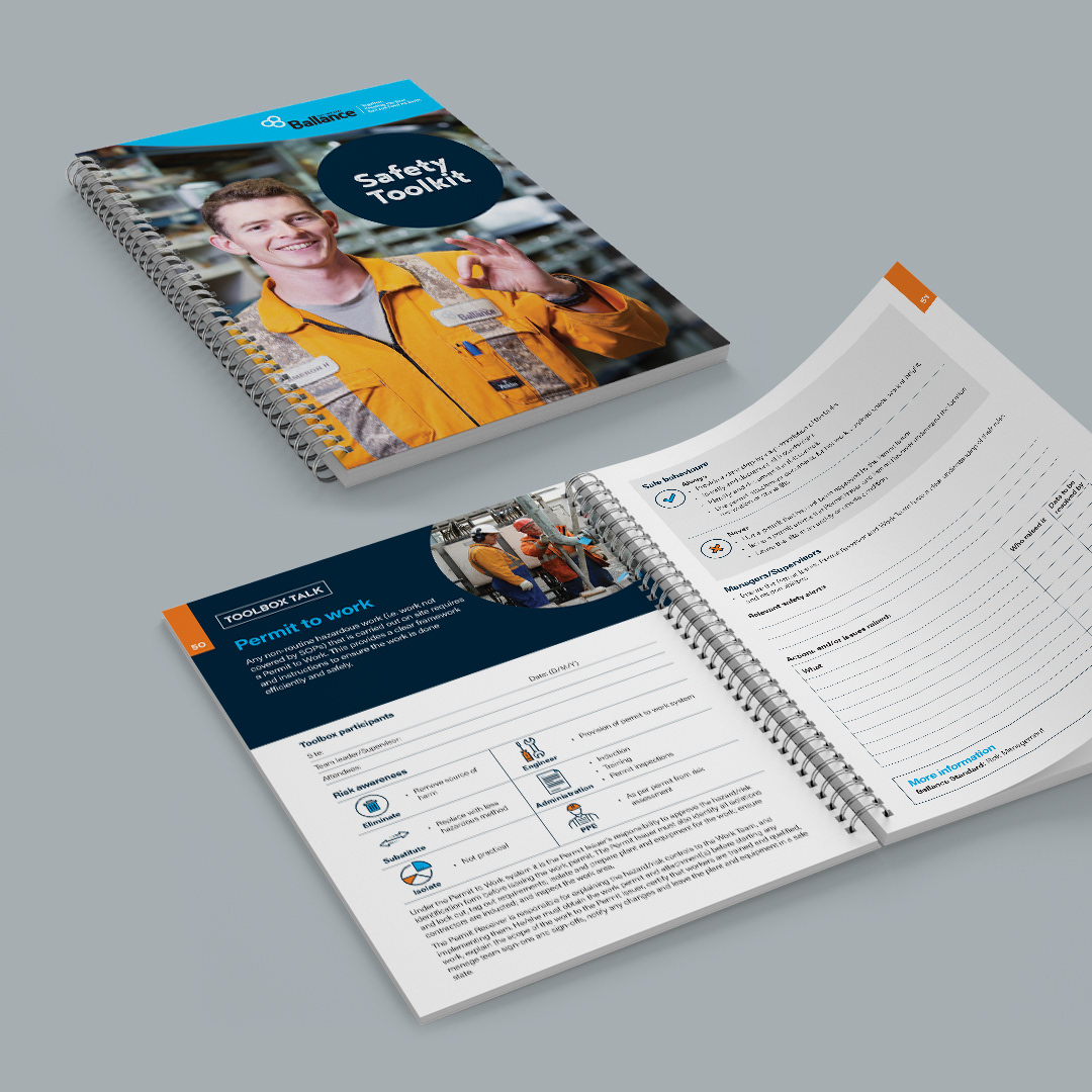A5 ring bound safety booklet cover and open inside spread by Onyx Design