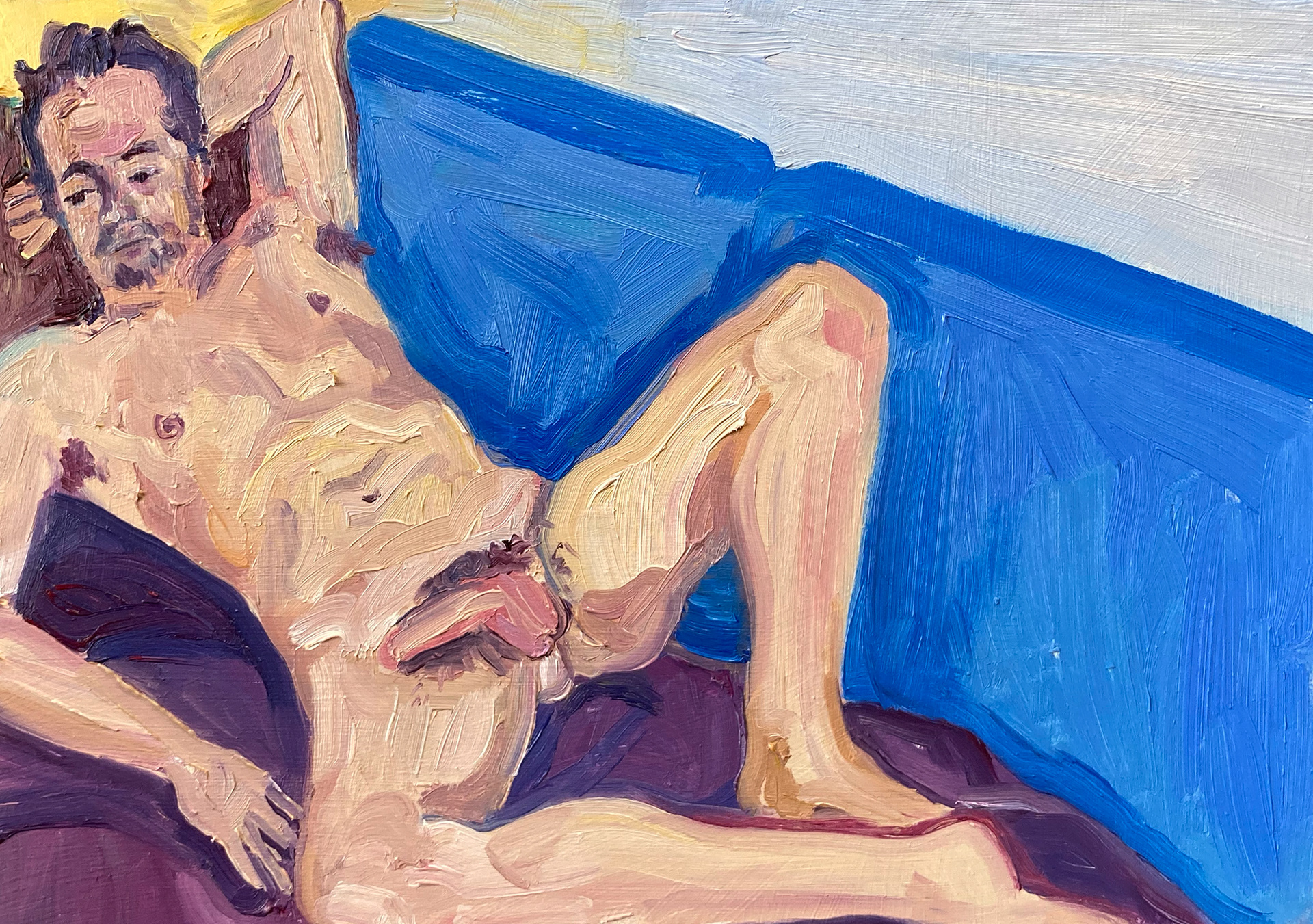 Chilling, olieverf op MDF, 21 x 30 cm, 2021 