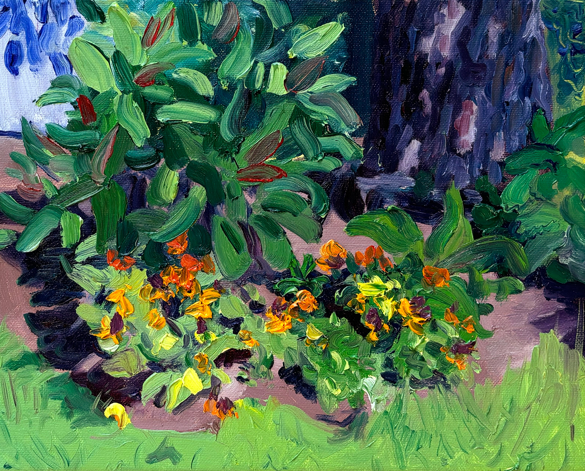 Bloemen Scheiden het Gras in de Tuin, oil on canvas, 30 x 24 cm