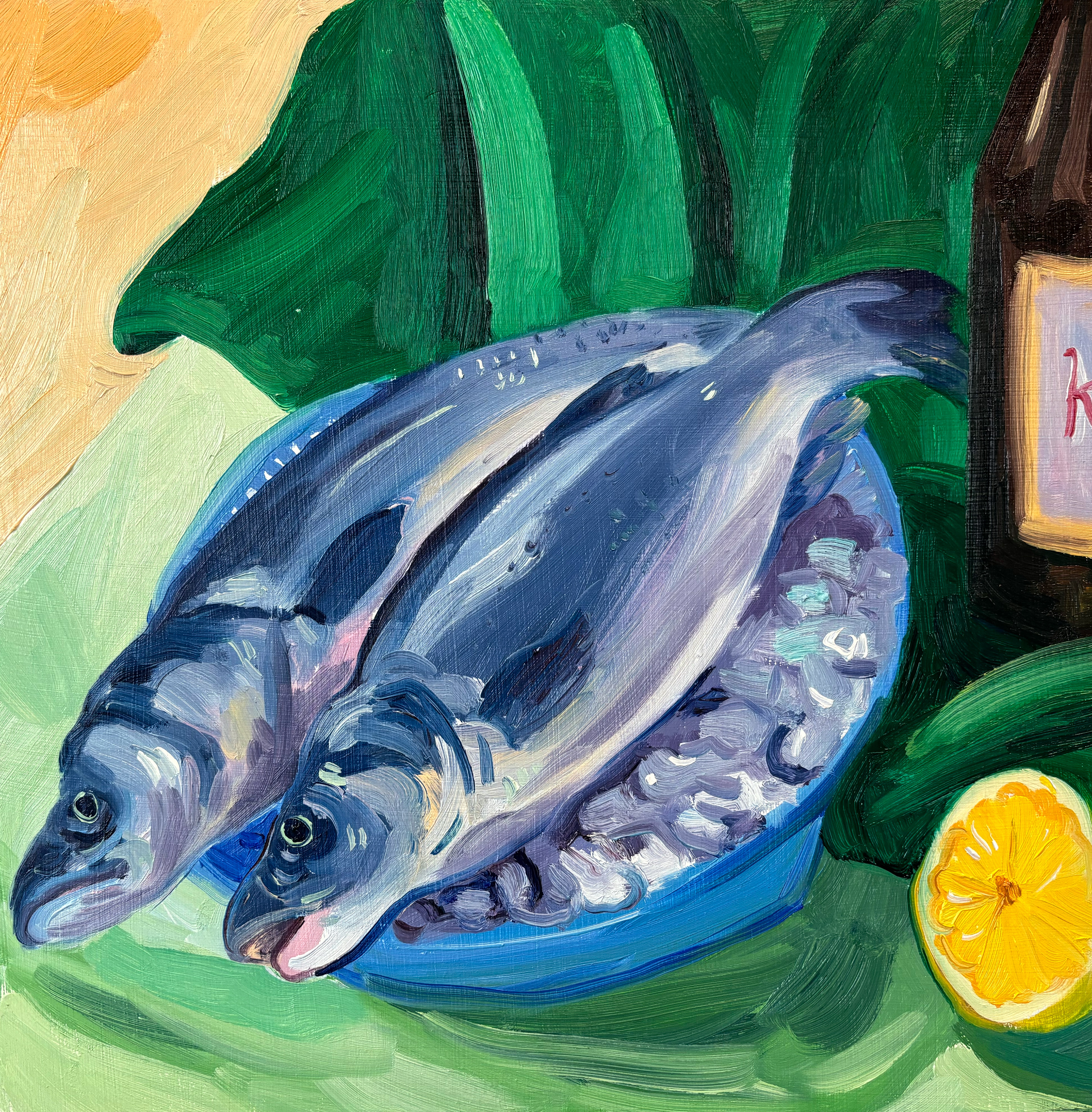 Stilleven met Roodbaars, oil on wood, 31,5 x 31,5 cm