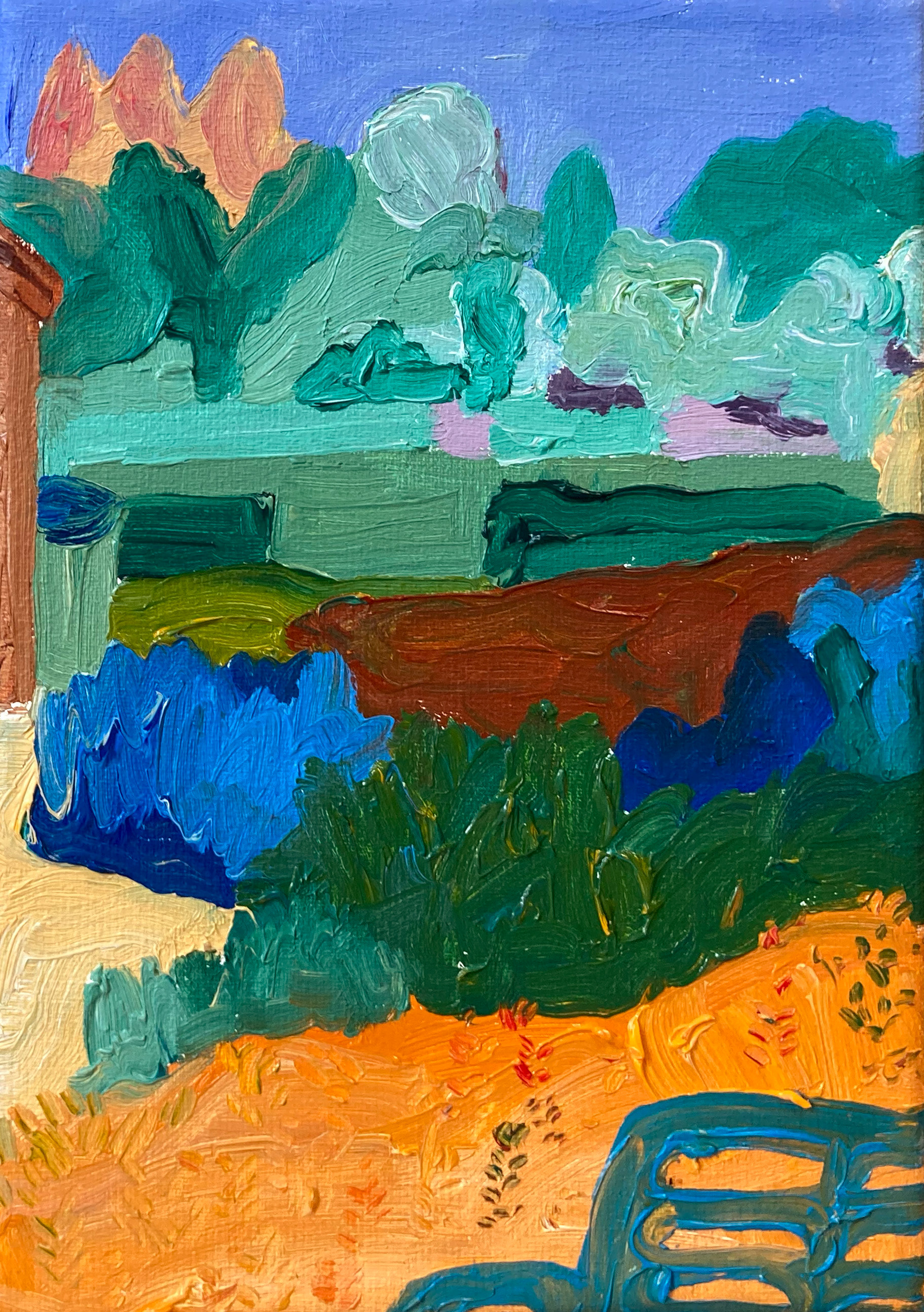 Tuinstoel Lovendegem,  olieverf op doek, 13 x 18 cm, 2021
