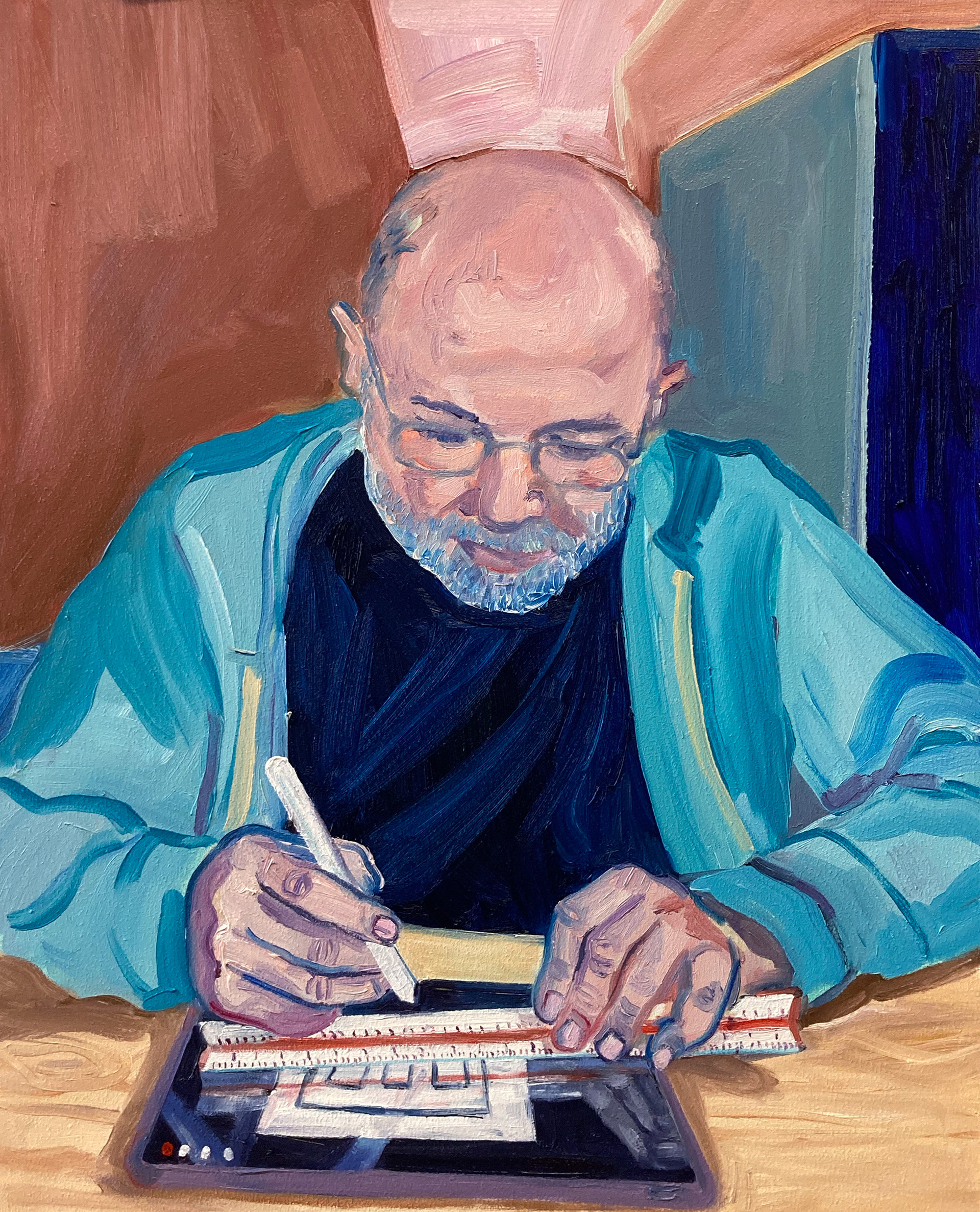 Hans met Lat op Ipad, olieverf op MDF, 40 x 50 cm, 2021