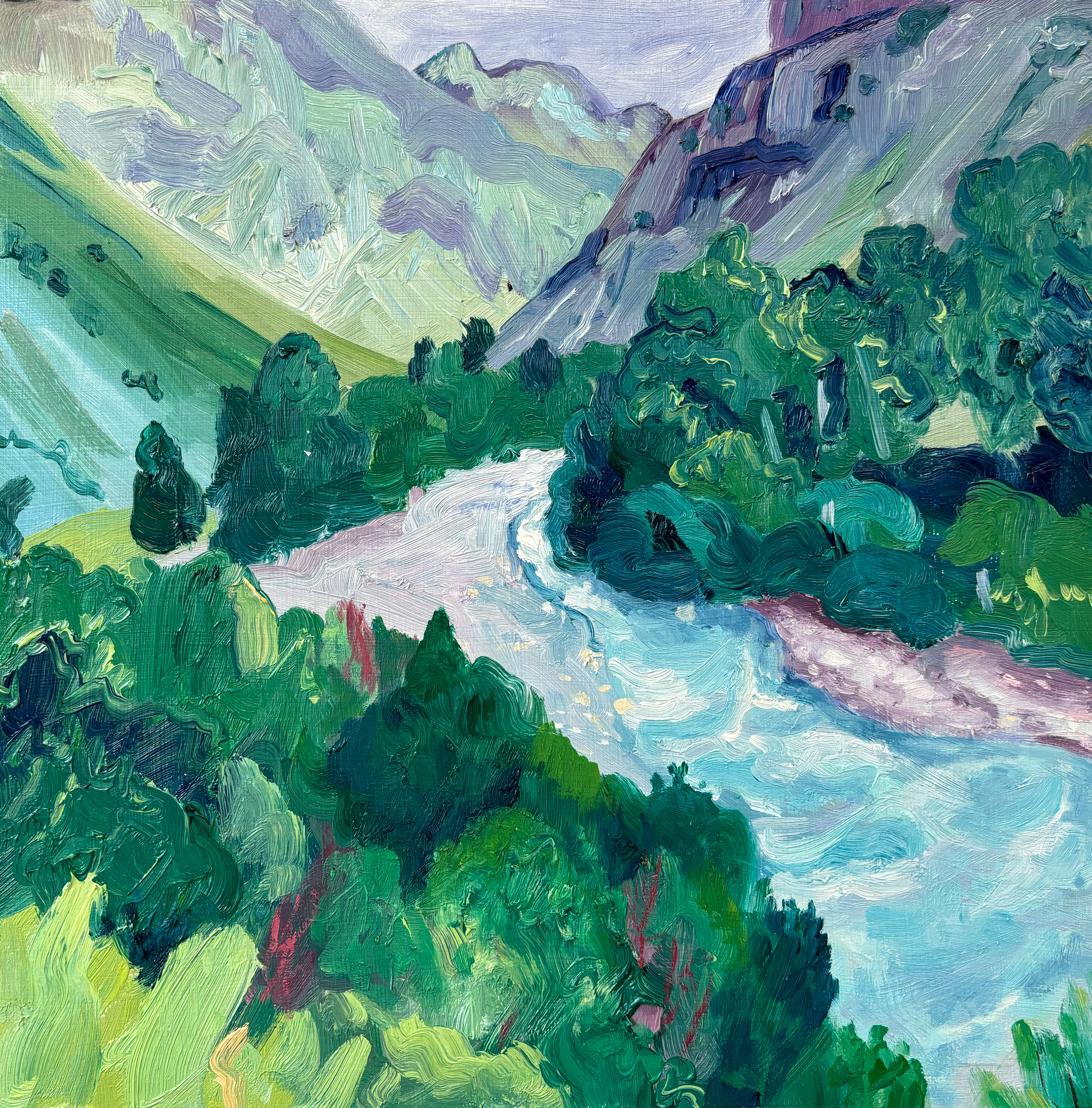 Rivier in Parc National des Ecrins B, oil on wood, 31,5 x 31,5 cm
