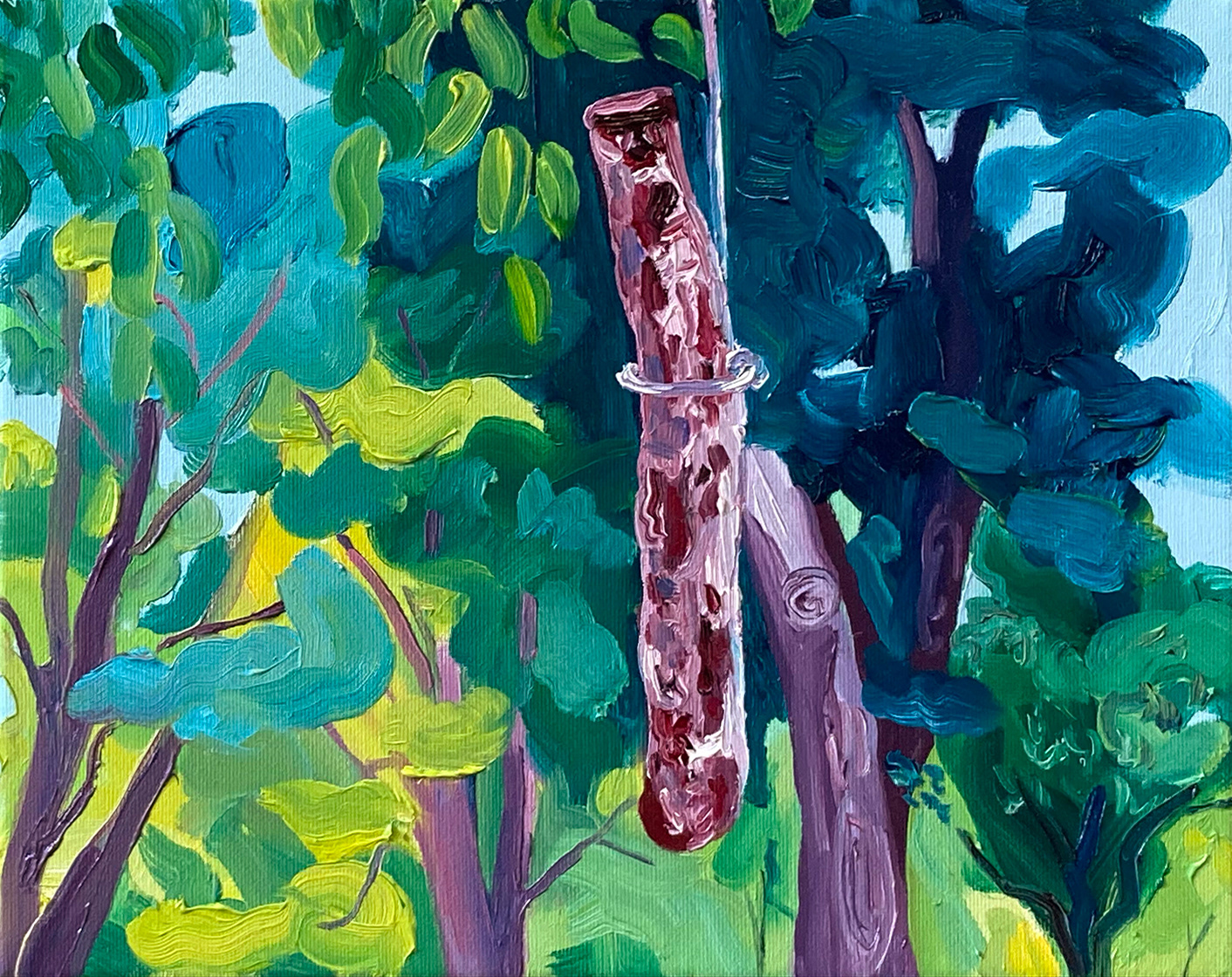 Flying Drying Sausage, olieverf op doek, 24 x 30 cm, 2021