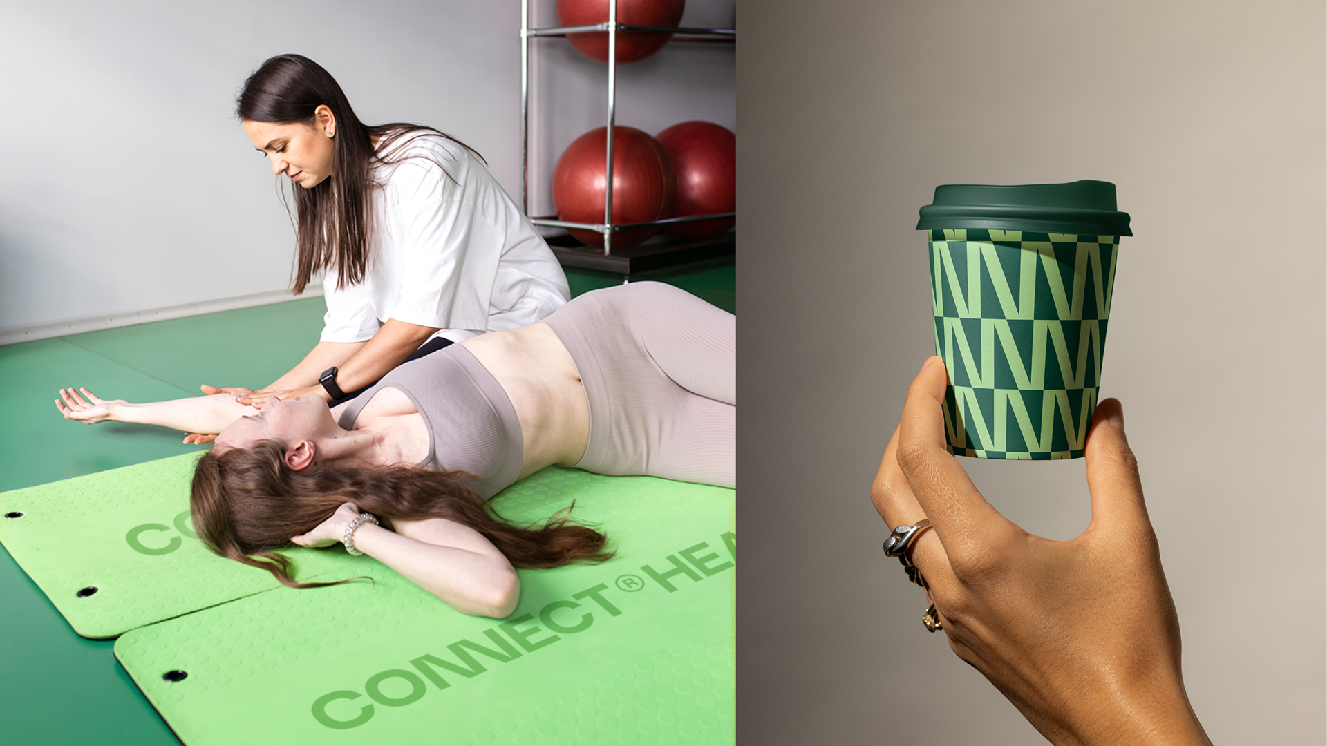 physio appointment, women is helping another women stretch shoulder on a lime green mat, branded coffee cup showing brand pattern