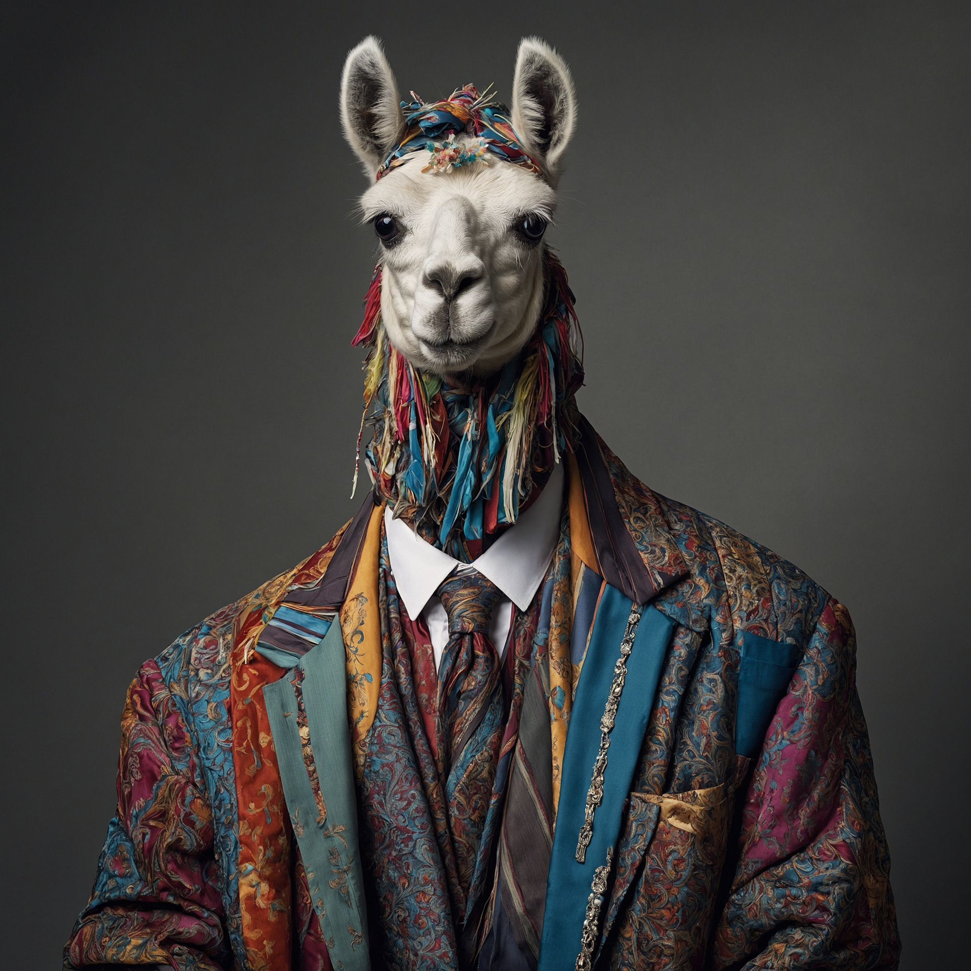 Complete lama dressed in clothes made from different...
