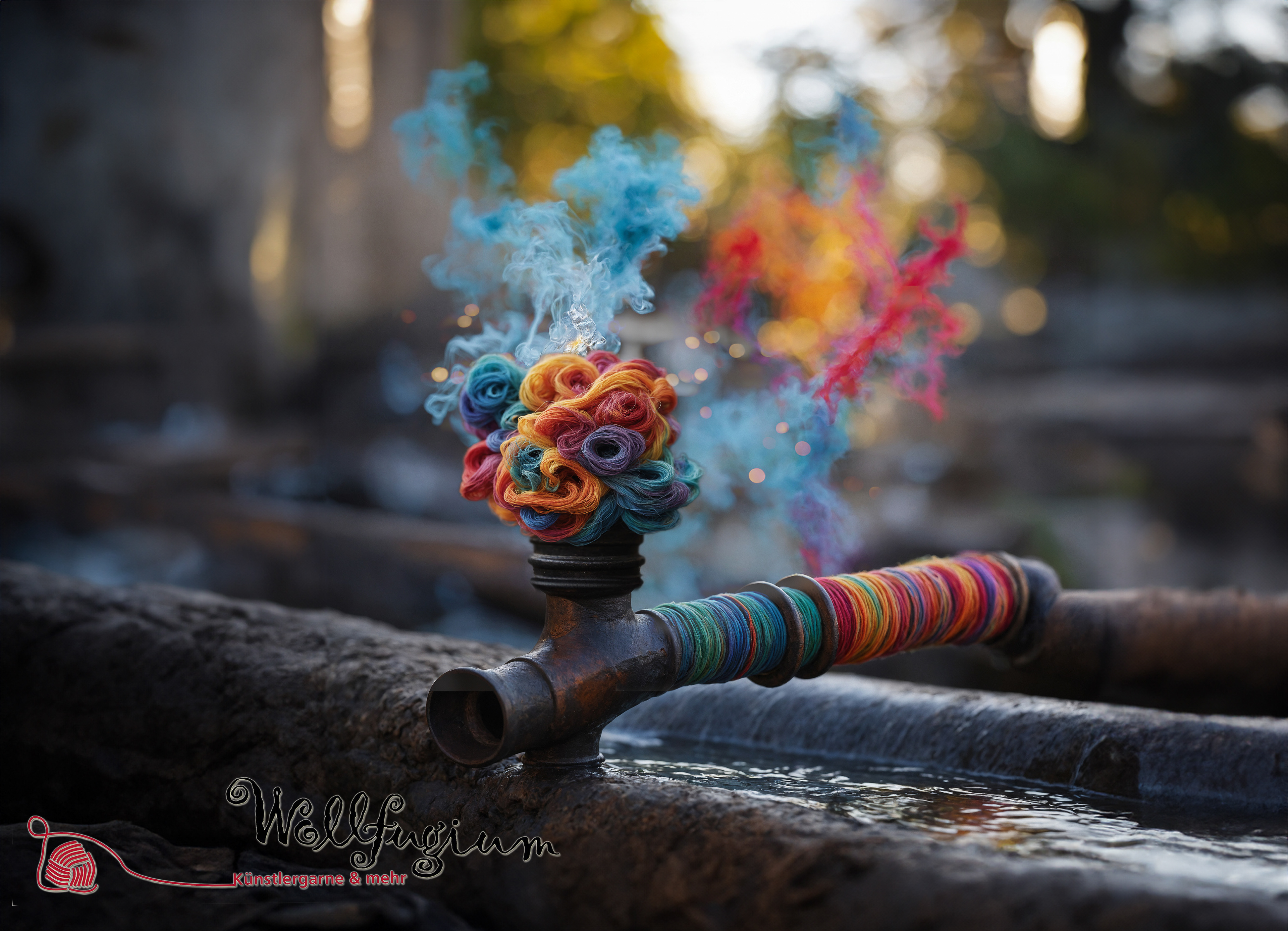 Cast-iron water pipe from which hundreds of watercolor wool threads flow out - modifiziert in Photoshop 