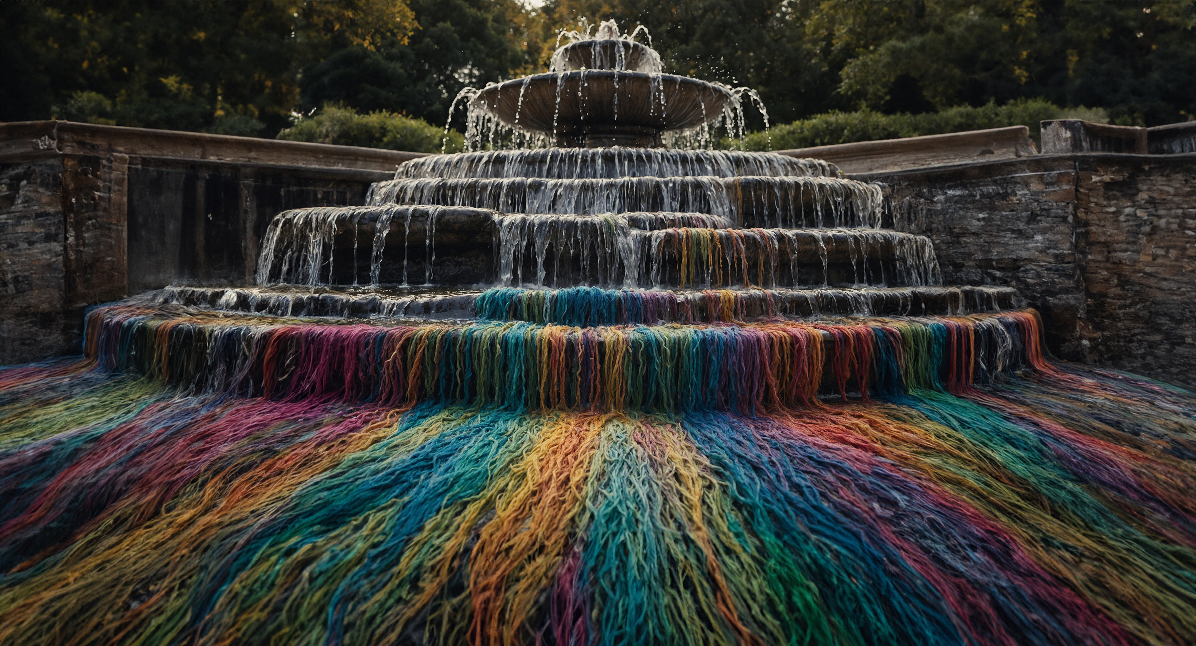 Historical fountain outflow from which hundreds of watercolor wool threads flow out