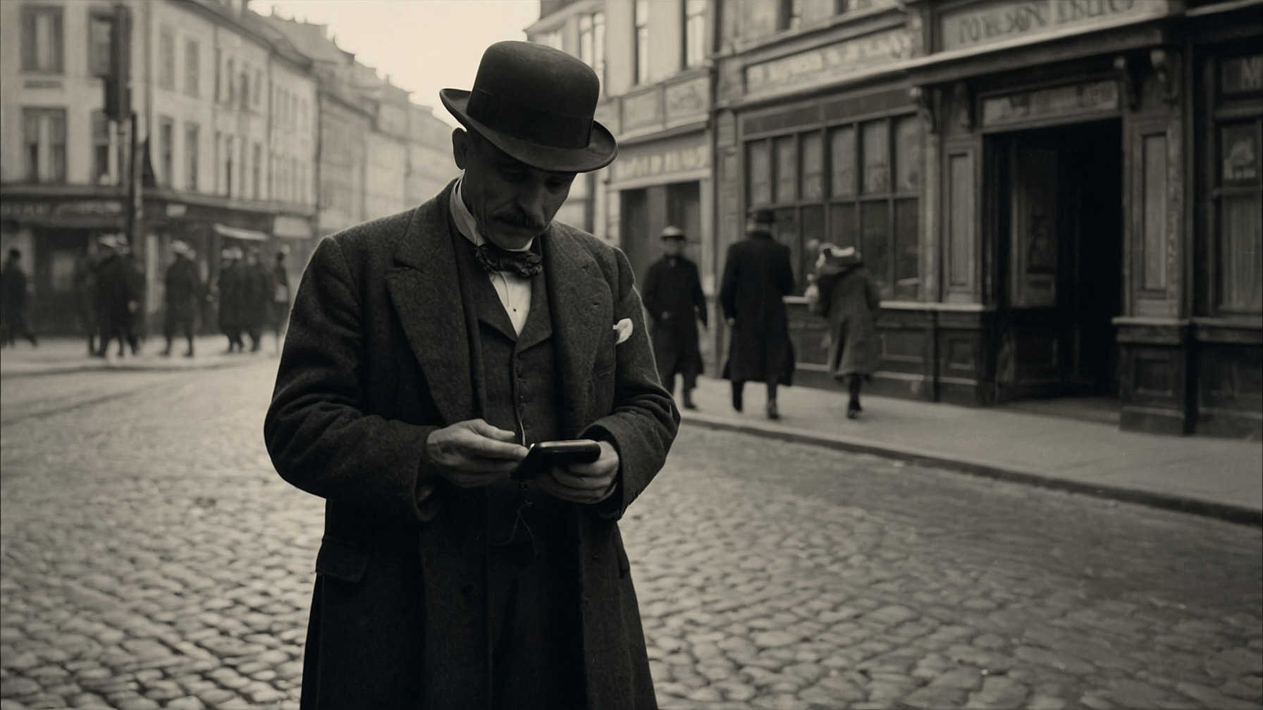 Photoshop KI - men of 1920 in streetscene of 1920 with smartphone