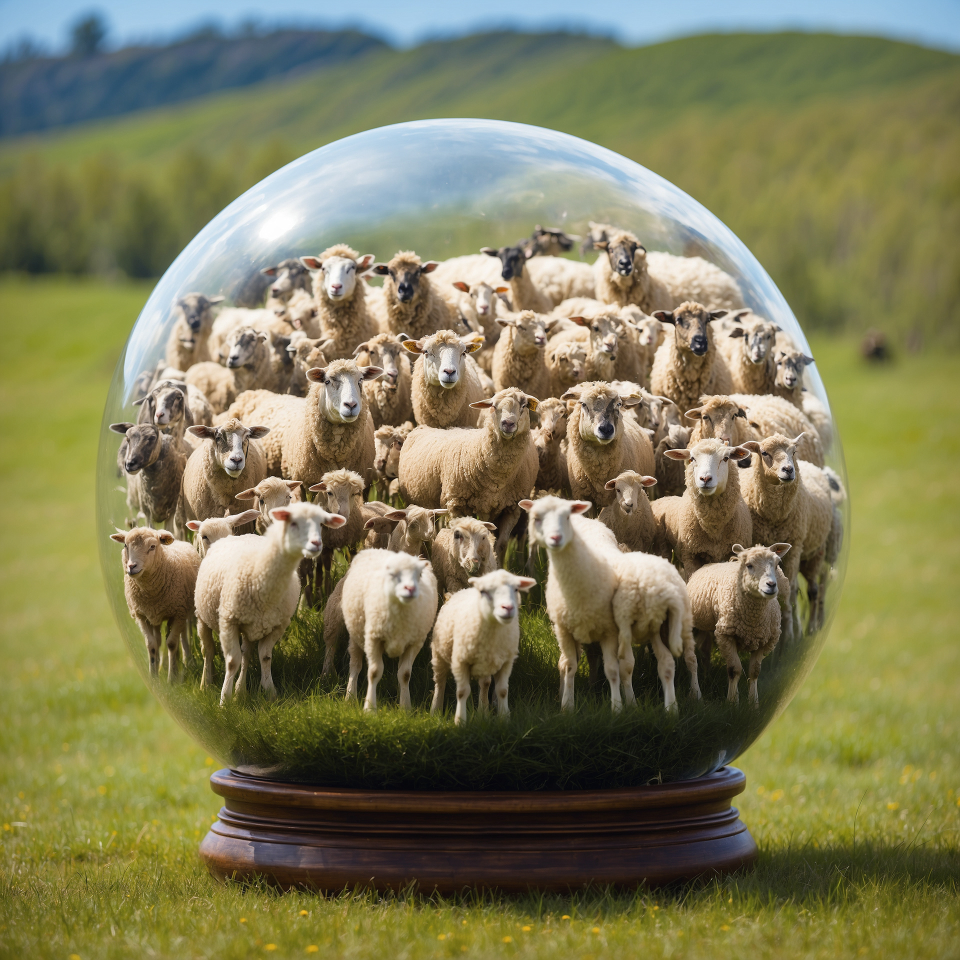 Flock of sheep of different sheep types in a glass ball