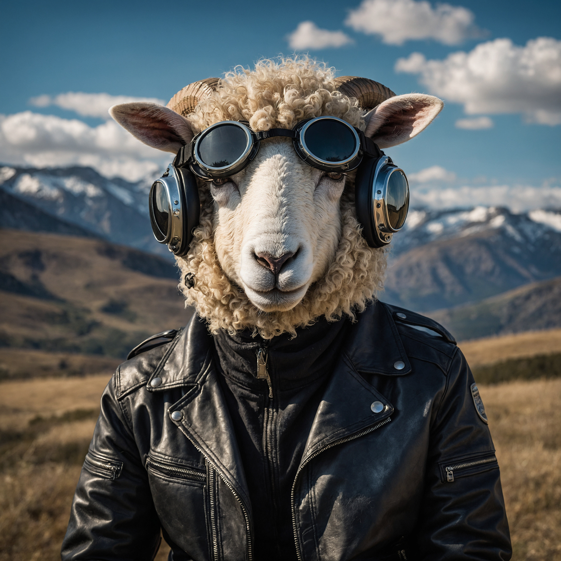 Sheep ram in black leather jacket with motorcycle goggles