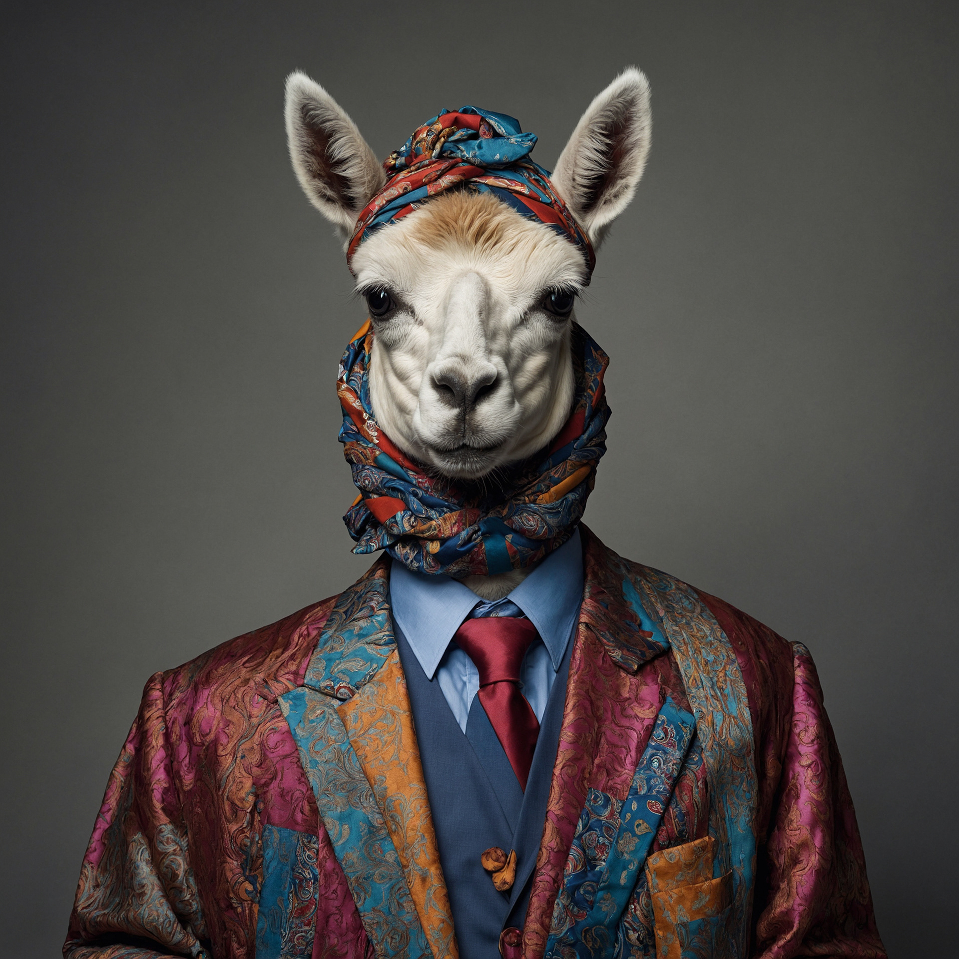 Complete lama dressed in clothes made from different ...