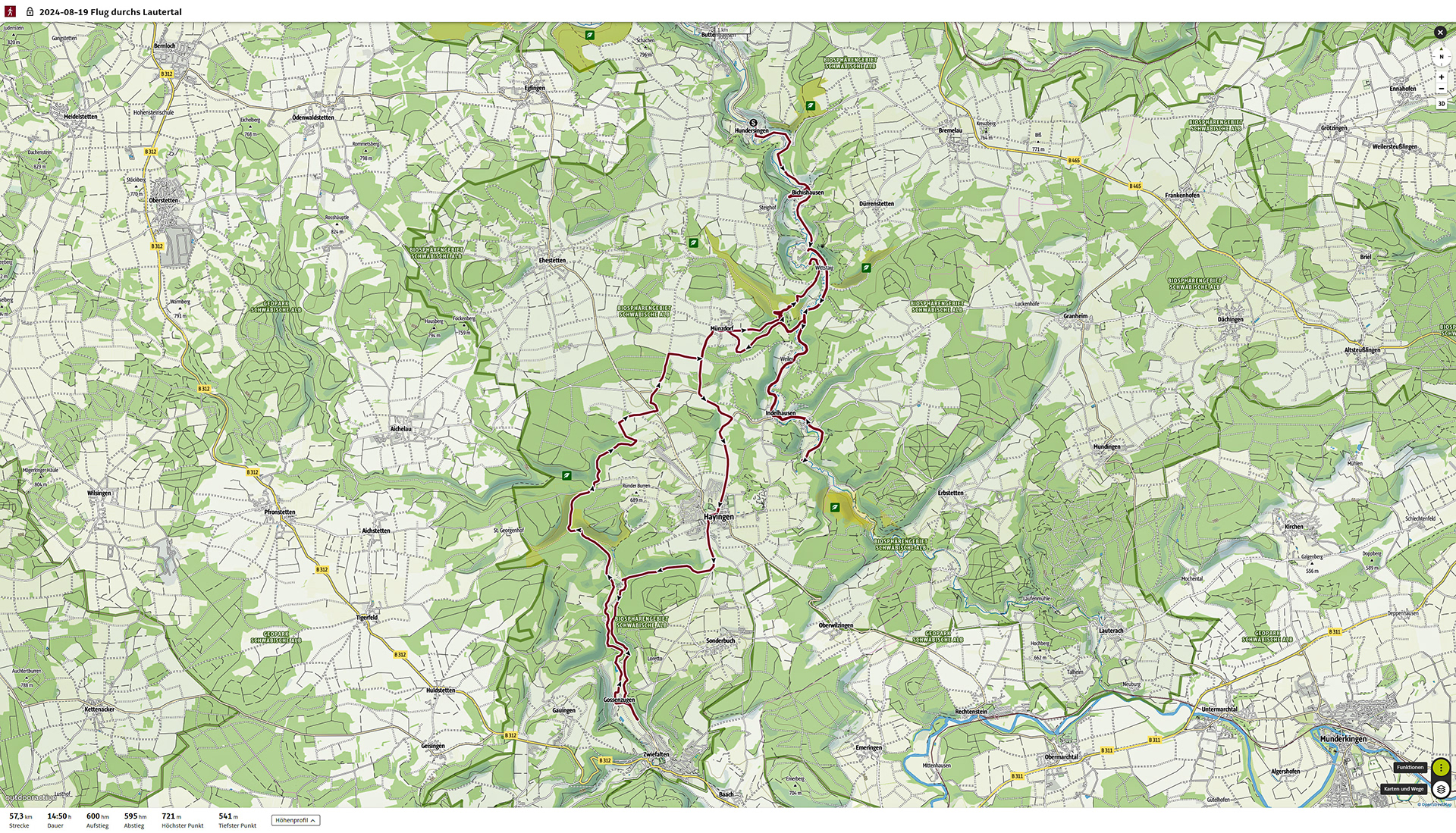 Die Flugroute von Nord nach Süd