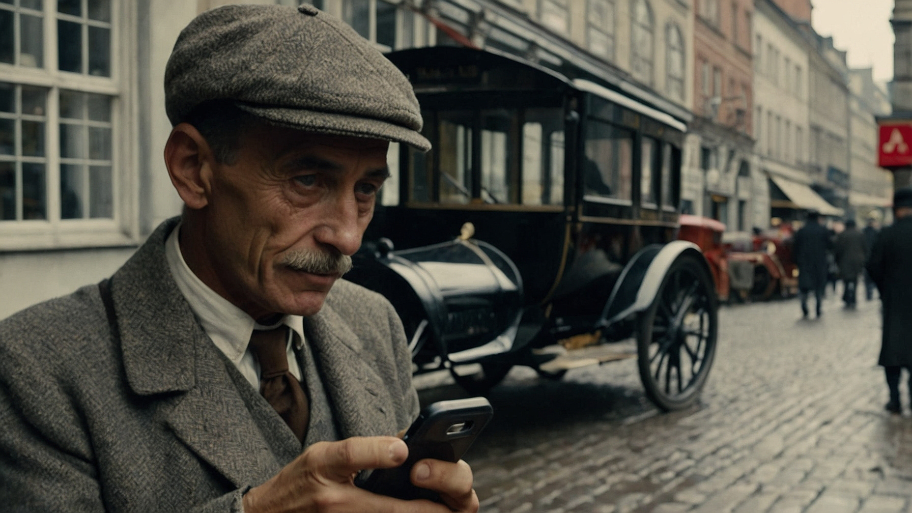 Photoshop KI - men of 1920 in streetscene of 1920 with smartphone