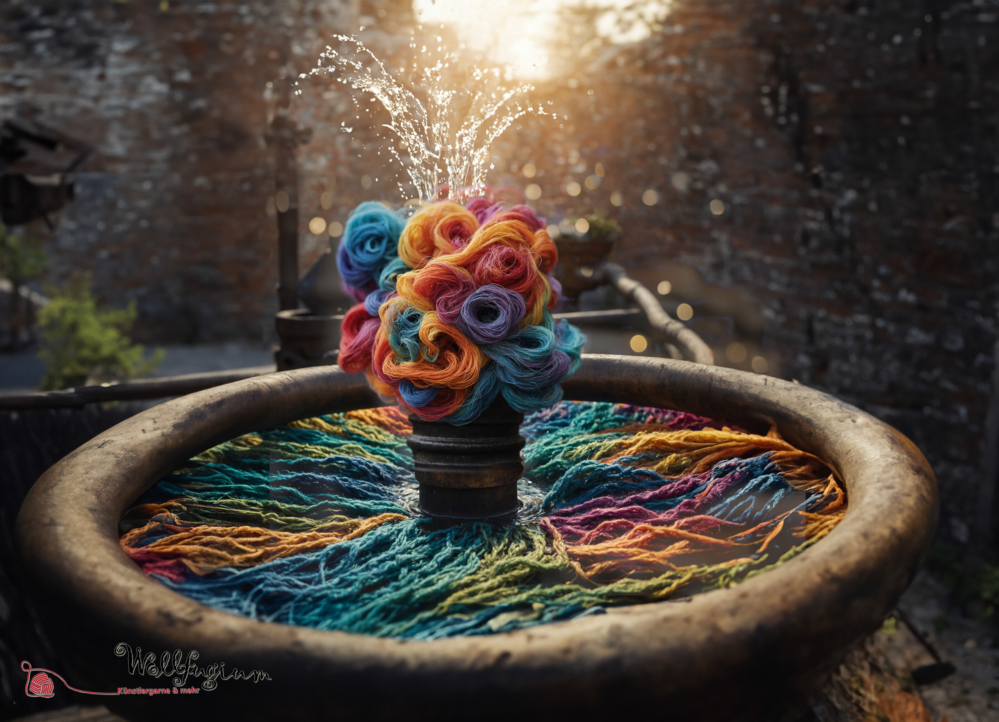 Historical fountain pipe from which hundreds of watercolor wool threads flow - modifiziert in Photoshop 
