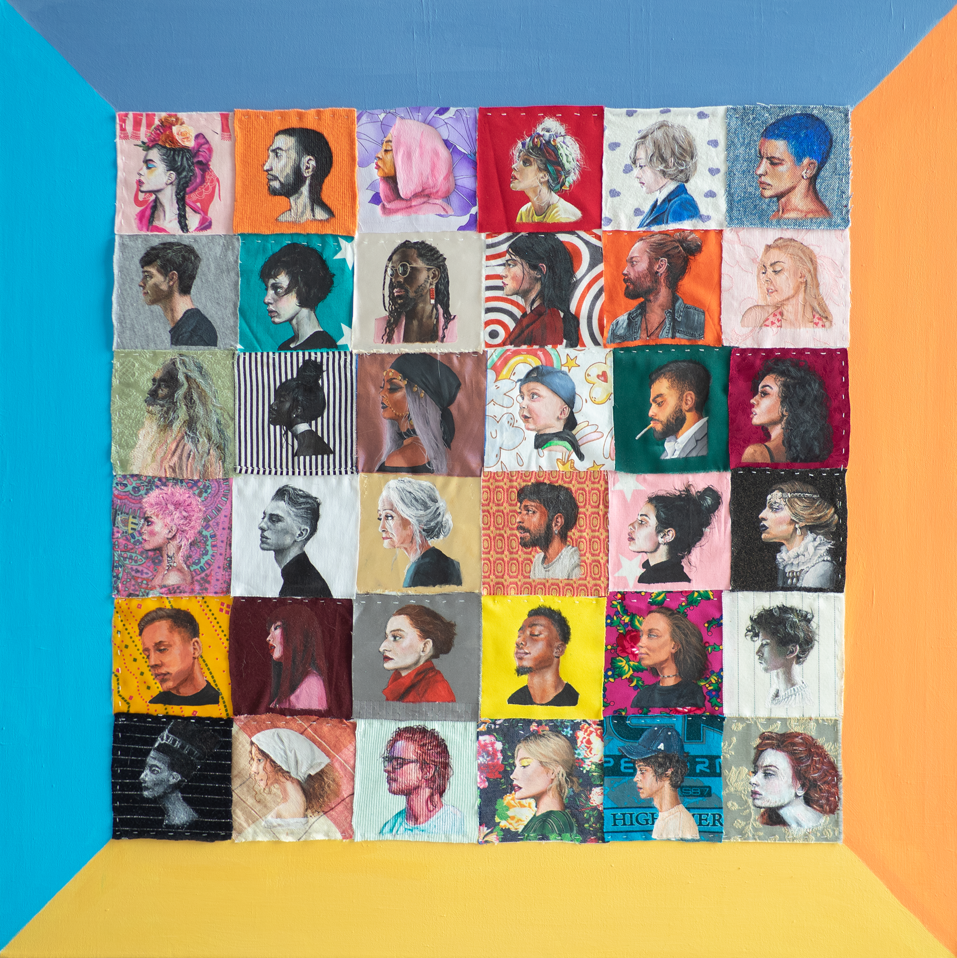 "Thousand Faces of a Human" 80 x 80 cm, acrylic on materials sewed to a canvas, SOLD