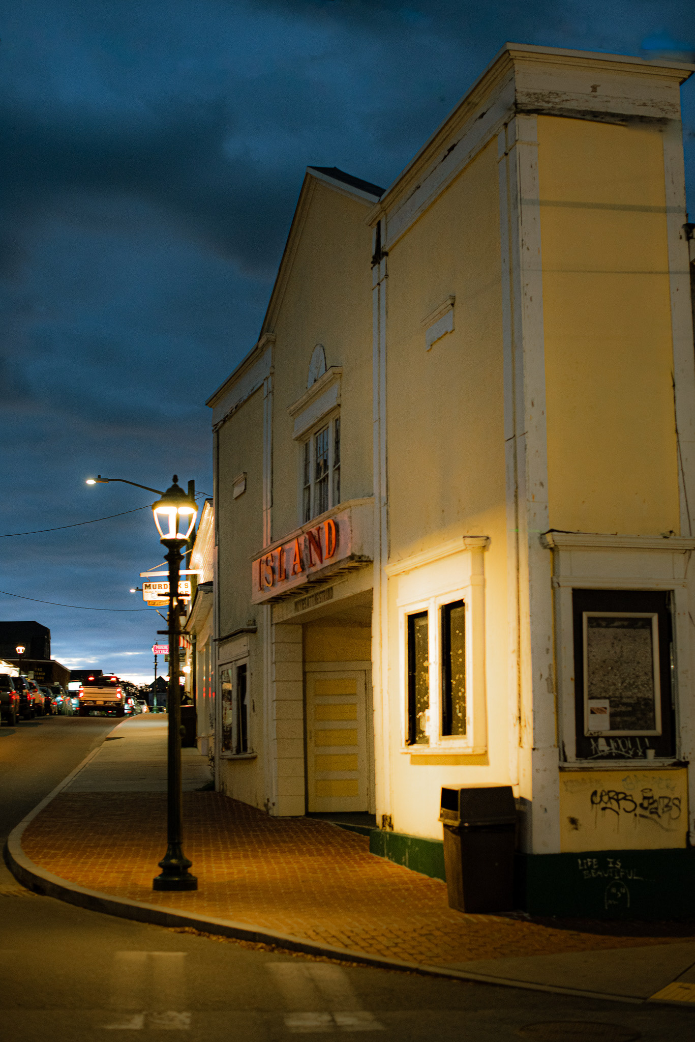 The Island Theater at dusk