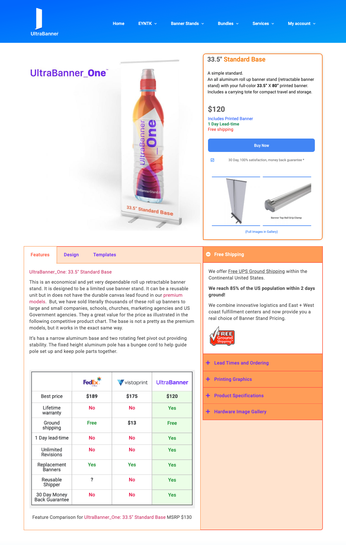 An all aluminum roll up banner stand (retractable banner stand) with your full-color 33.5” X 80” printed banner. Includes a carrying tote for compact travel and storage.