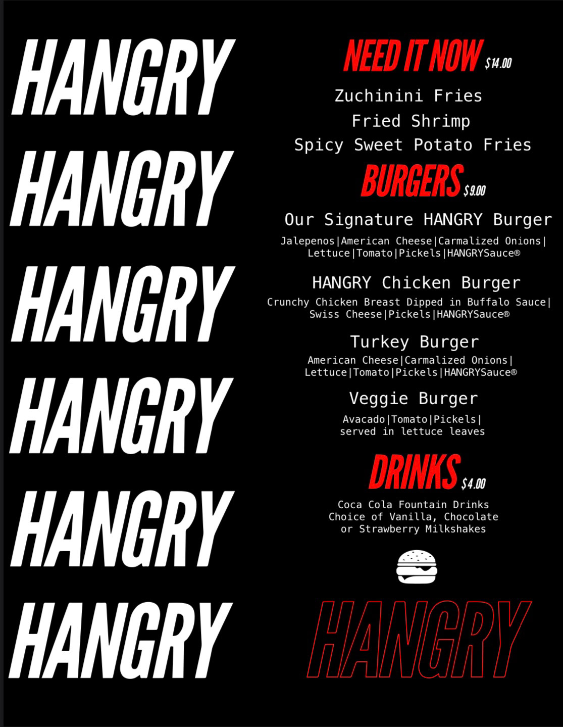 "HANGRY" Menu (front). Created using Illustrator