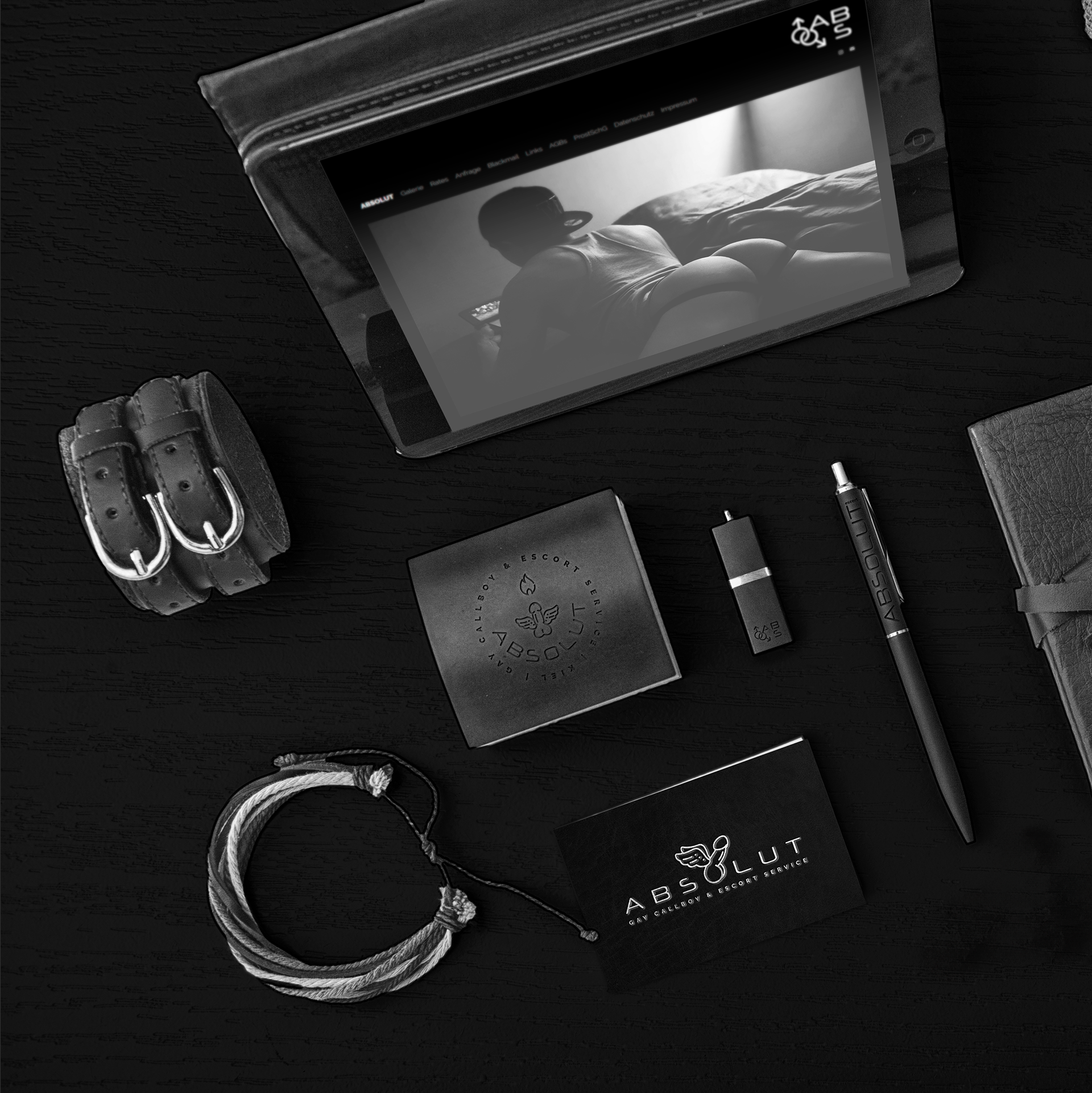 ABSOLUTescort | Website, Visitekarte, Komdom-Etui, USB-Stick & Kugelschreiber (teils als Werbe-/Gastgeschenk)