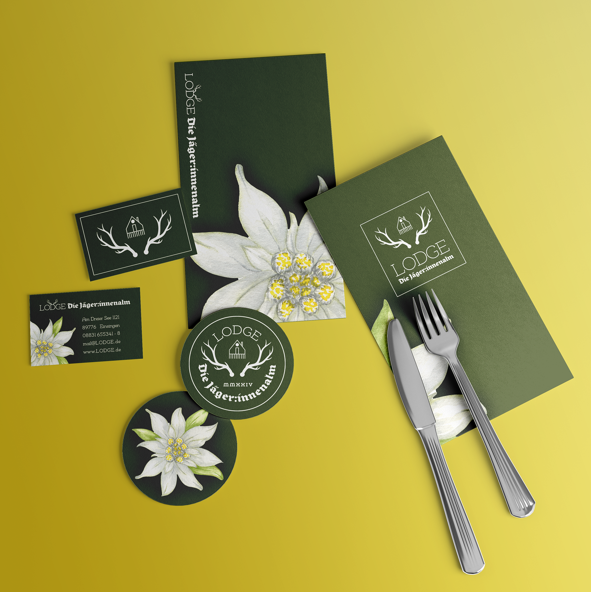 LODGE | Speisekarte, Visitenkarte, Bierdeckel