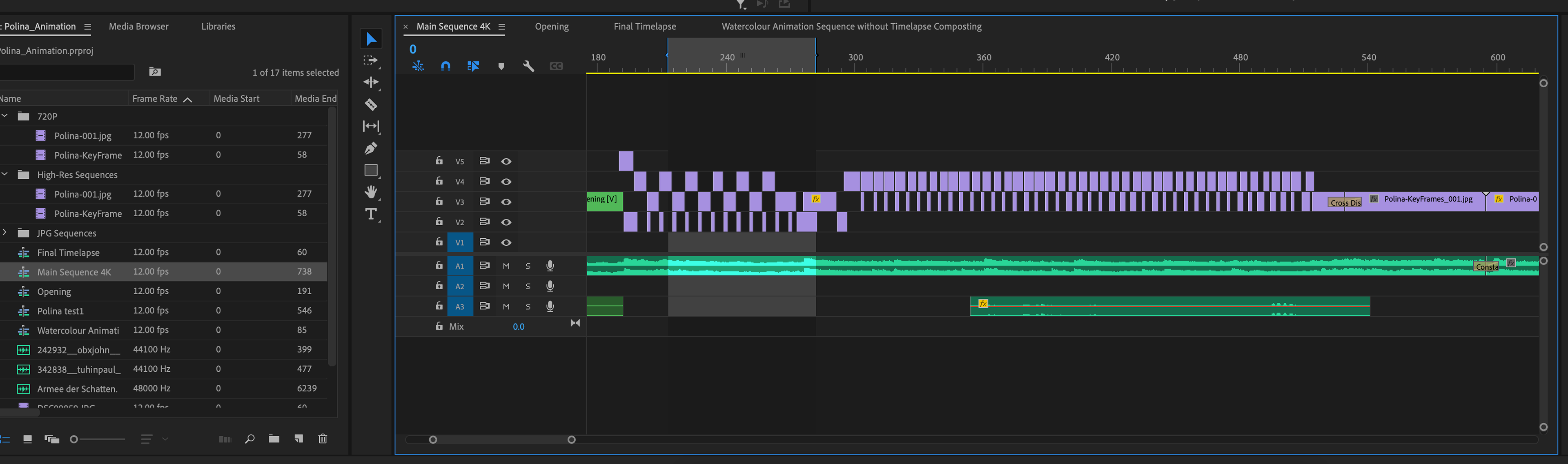 Adobe Premiere Pro timeline editing set-up for overlapping each time-lapsed watercolour painting frame