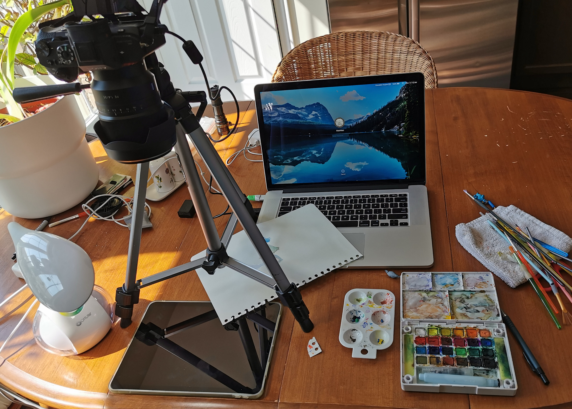 My humble workspace set-up for capturing the process of watercolour paintings