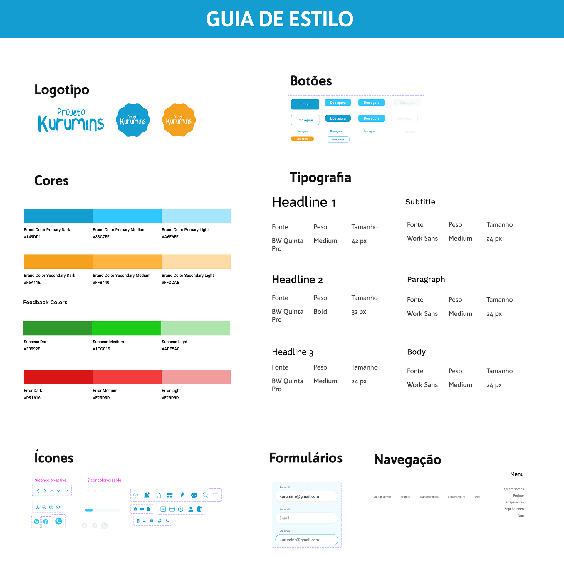 Guia de estilos com logotipo, botões, cores, tipografia, formulários e ícones