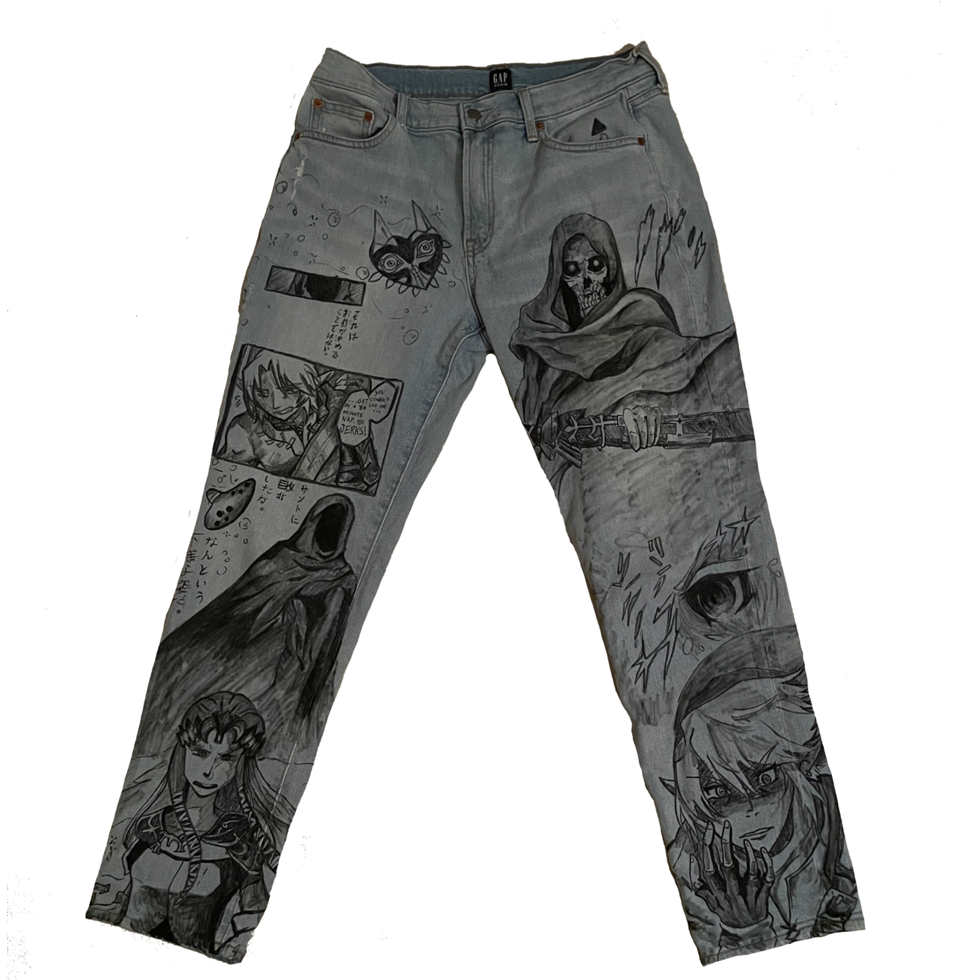 Hand-drawn Zelda themed jeans